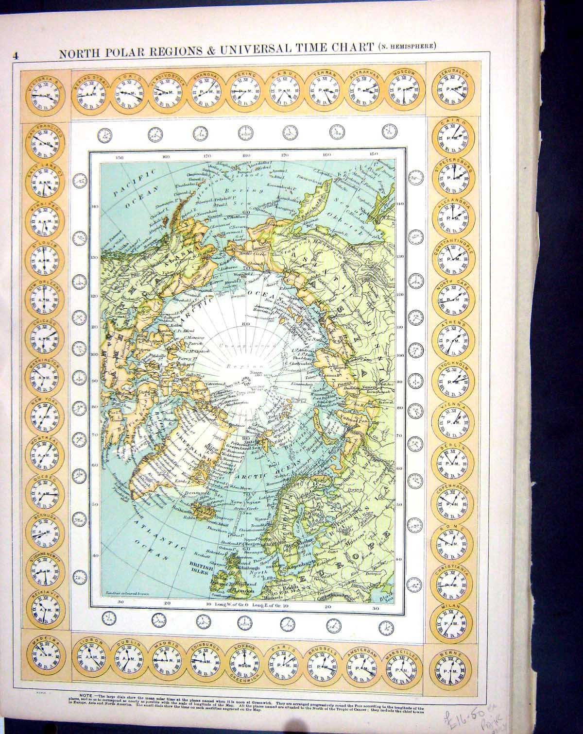 Old Antique Print Map Bacon 1911 North Polar Regions Universal Time Chart 20th