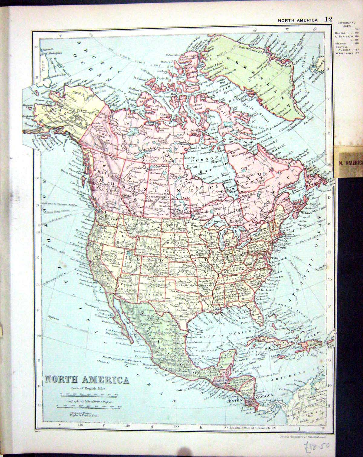 Antique Print Map Bacon 1911 North America Mexico Hudson Bay Canada Florida
