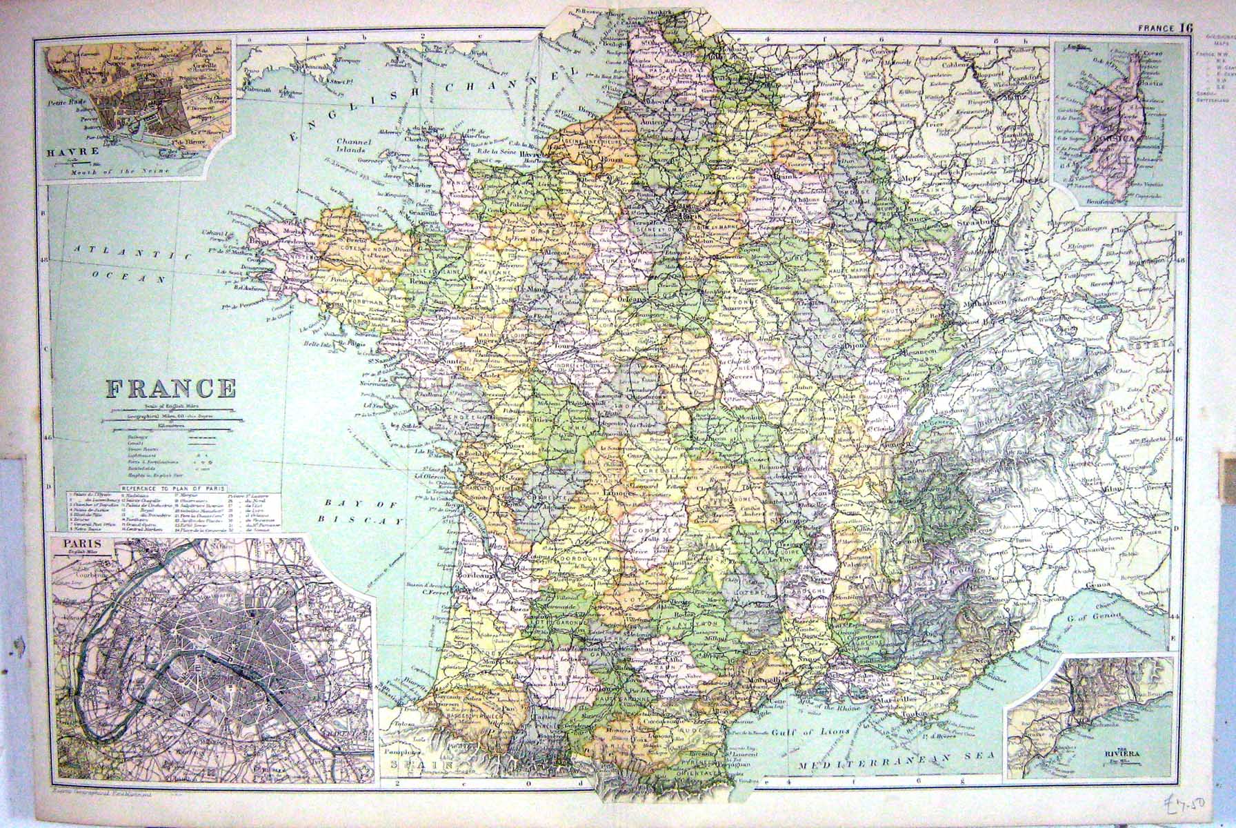 Old France Plan Havre Paris Riviera Bay Biscay Channel Map Bacon 1911 0 20th