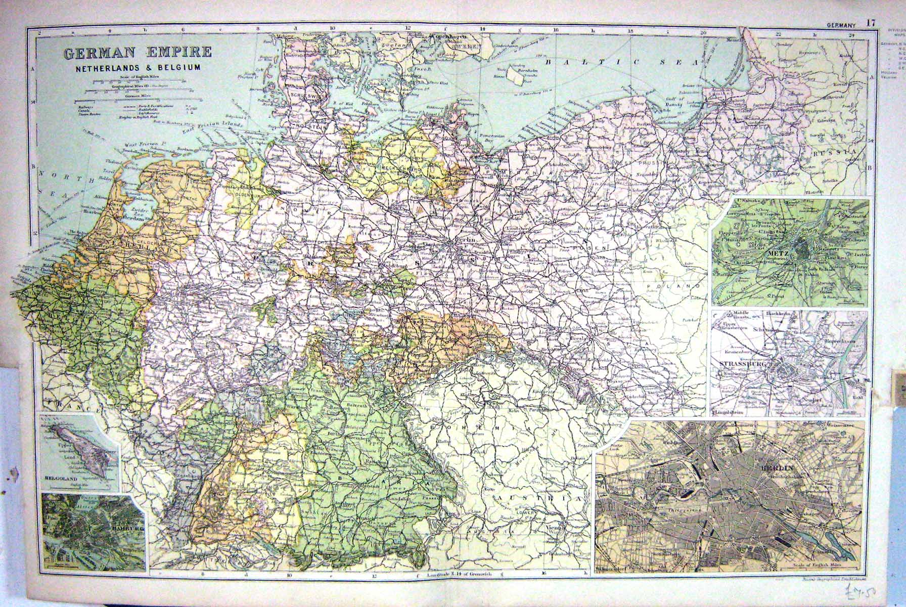Old Map Bacon 1911 Germany Netherlands Belgium Berlin Metz Strassburg 0 20th