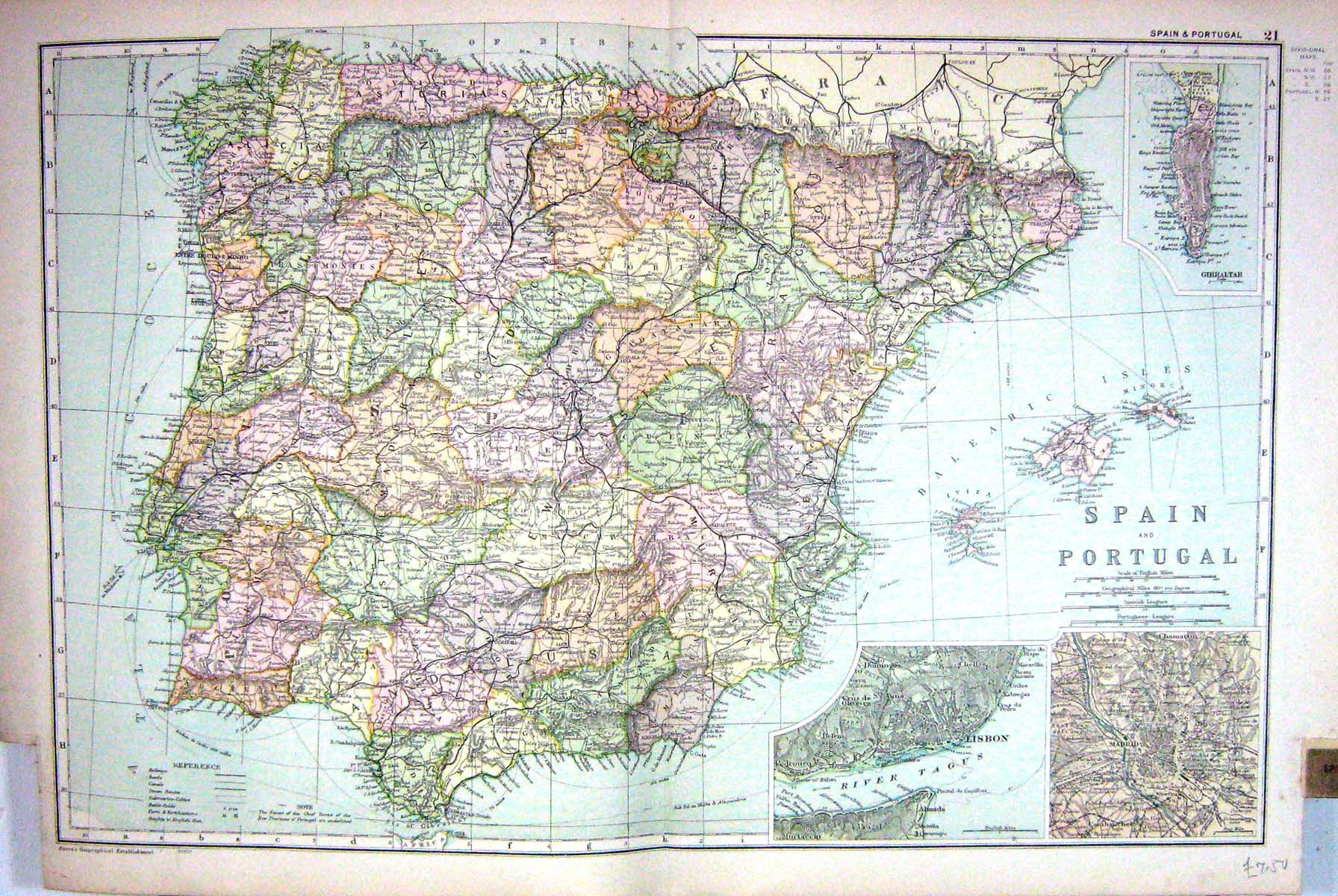 Old Map Bacon 1911 Spain Portugal Plan Lisbon Gibraltar Balearic Isle 0 20th