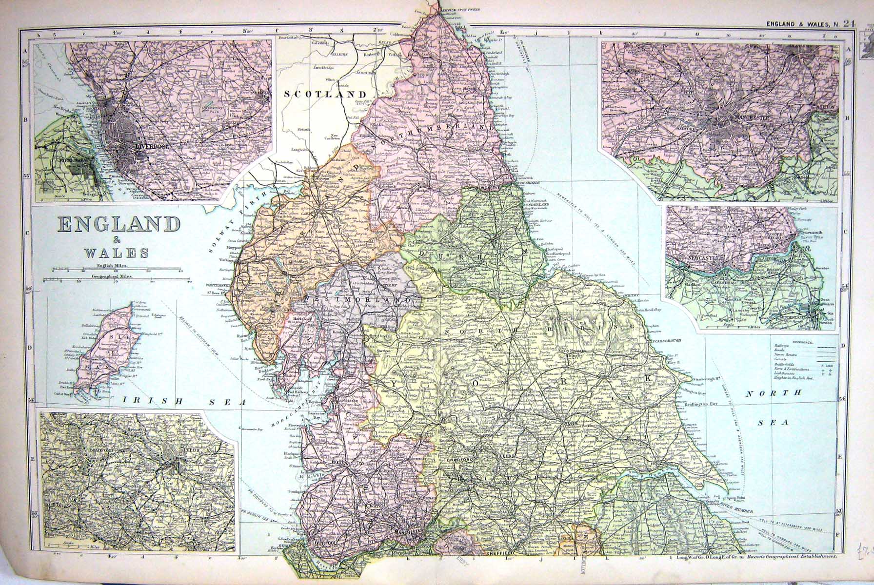 Old Map Bacon 1911 England Wales Isle Man Newcastle Manchester Liverp 0 20th