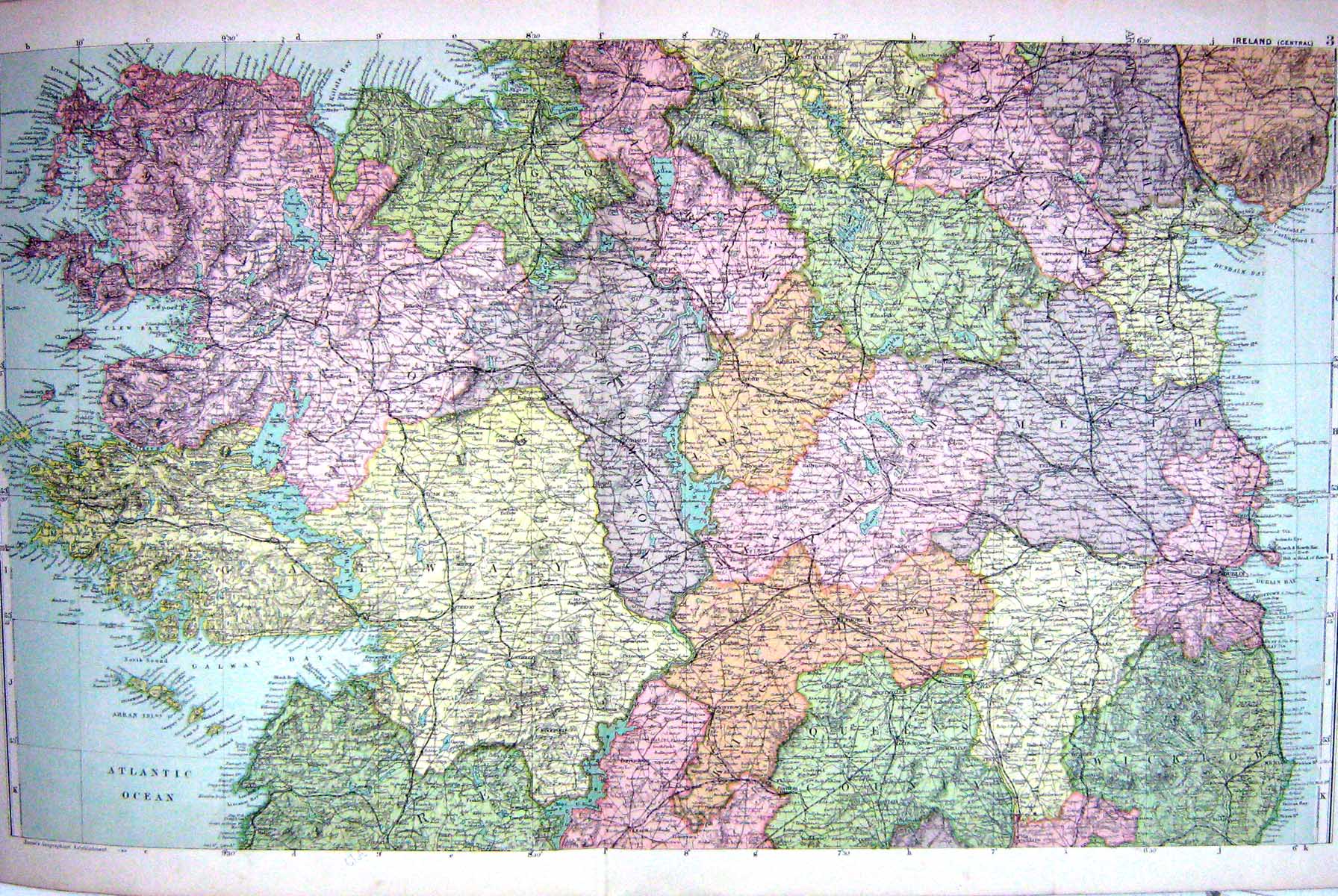 Old Print Map Bacon 1911 Central Ireland Dublin Wicklow Galway Bay Arran 0 20th