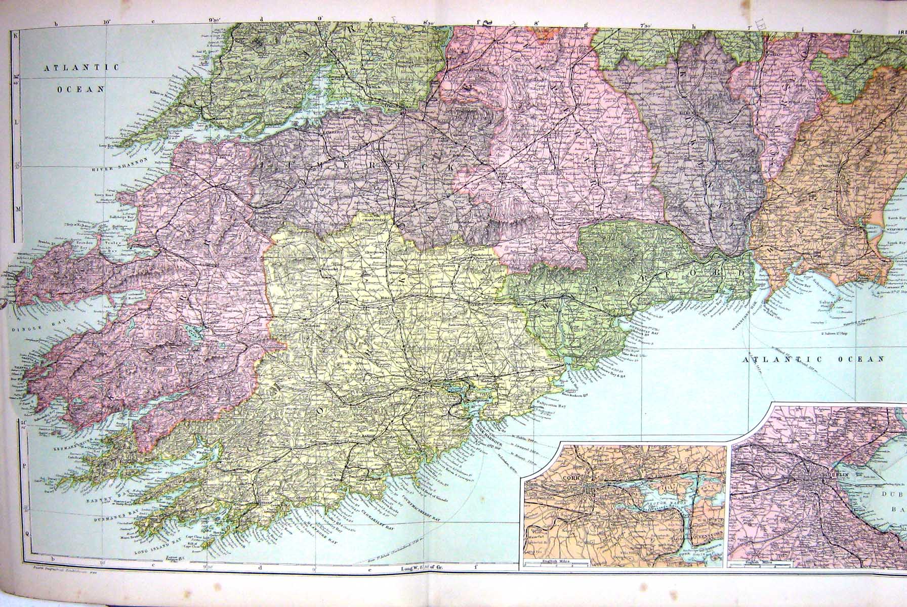 Old Map Bacon 1911 Southern Ireland Plan Cork Dublin Waterford Dingle 0 20th