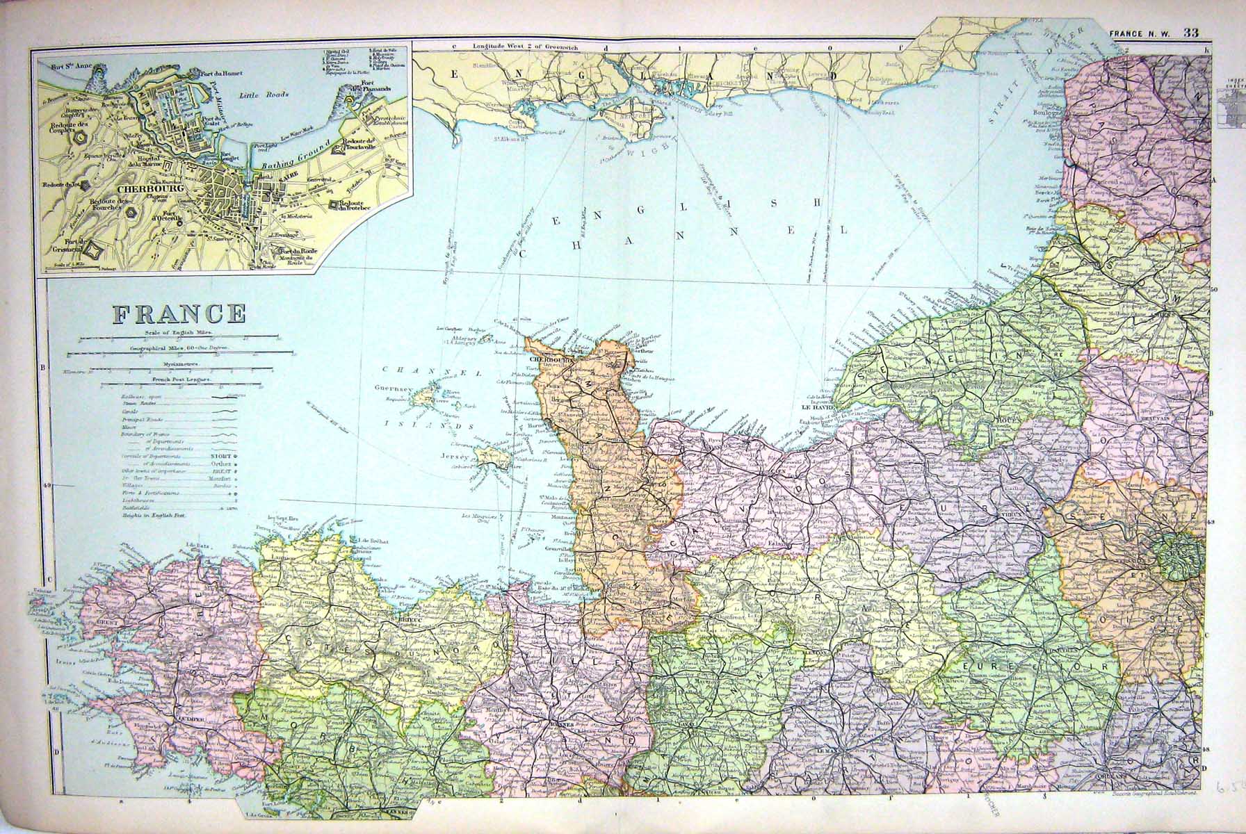 Old Map Bacon 1911 North West France Le Havre Plan Cherbourg Jersey 0 20th