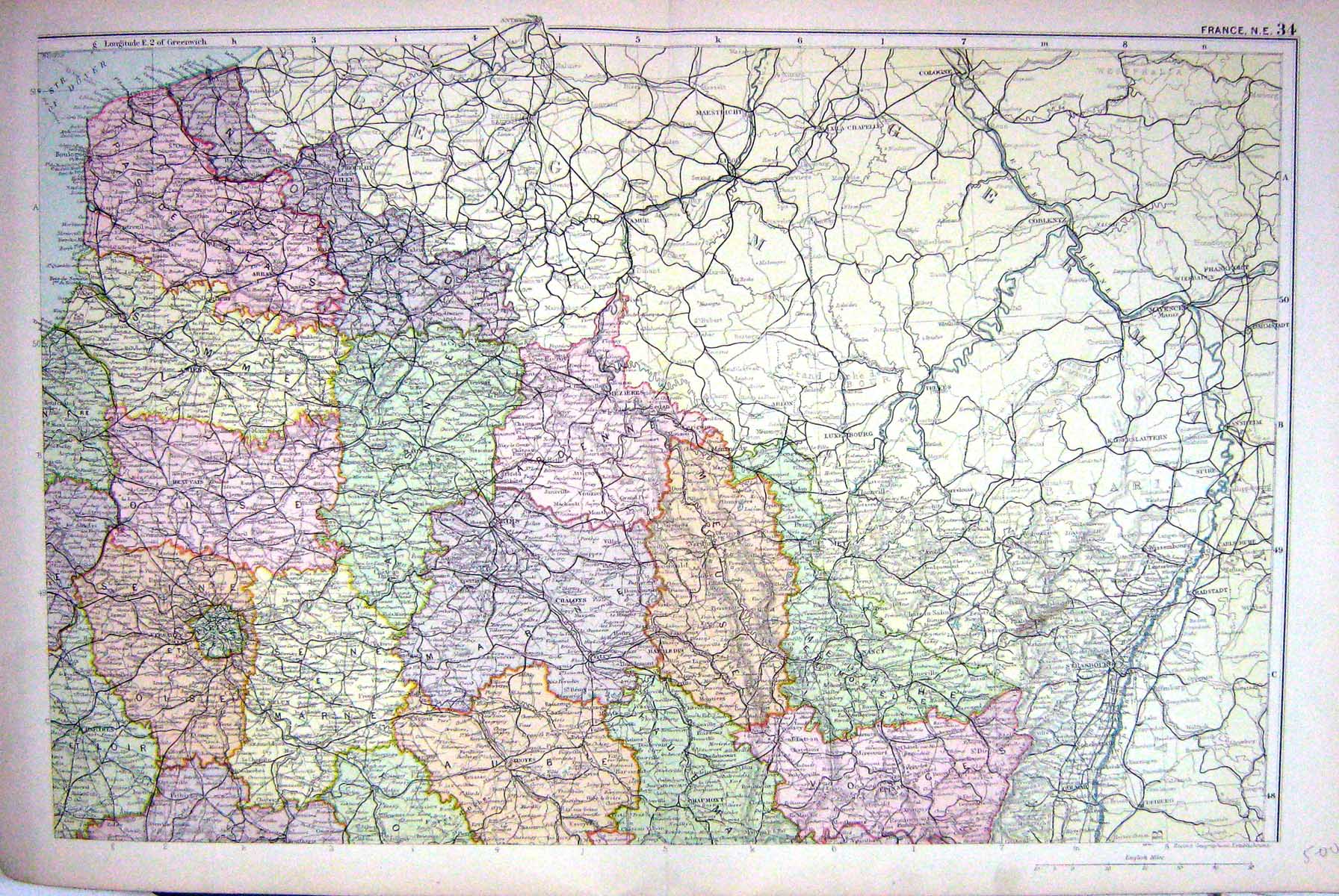 Antique Old Print Map Bacon 1911 North East France Paris Troyes Amiens Lille 0