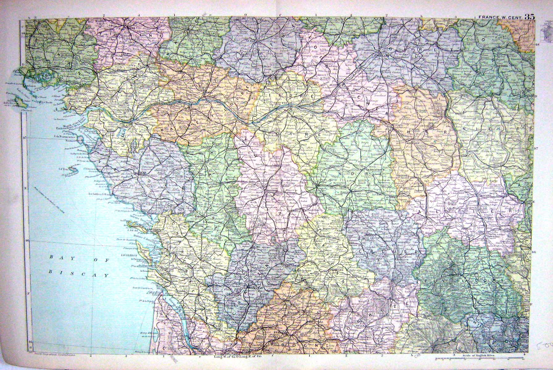 Old France Map Bacon 1911 Gueret Nantes Moulins Mouth Loire Bay Bisca 0 20th