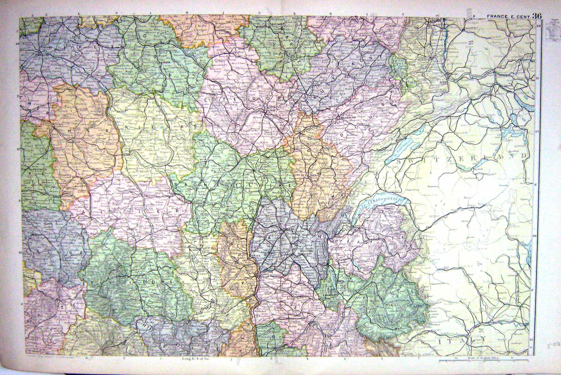 Old Print Map Bacon 1911 Central France Moulins Chambery Nevers Bourges 0 20th