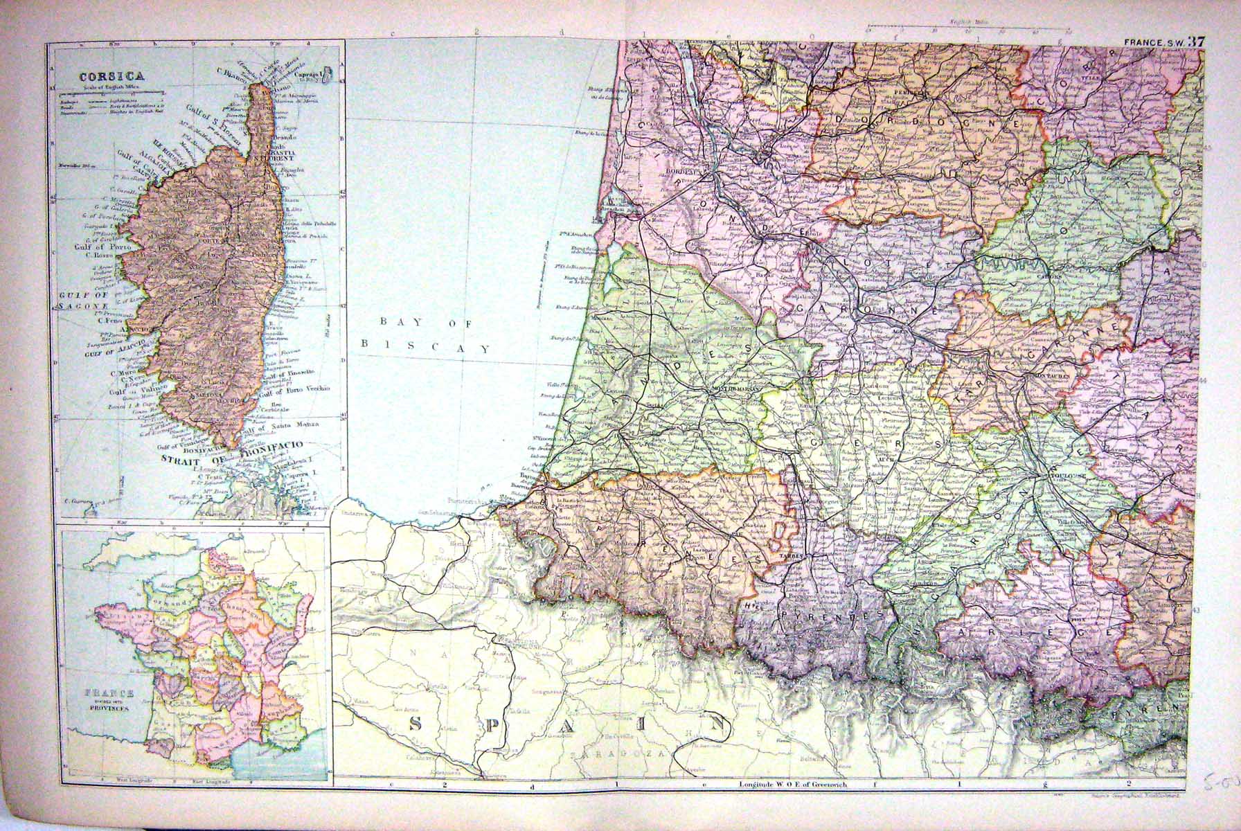Antique Print Map Bacon 1911 South West France Bay Biscay Corsica Pyrenees 0