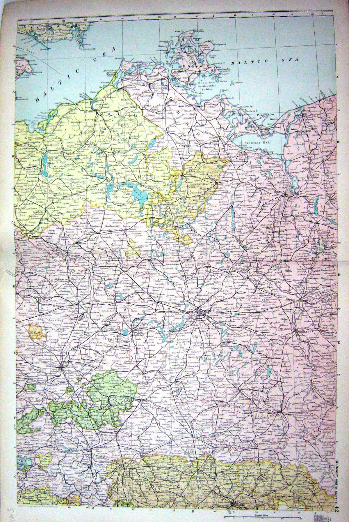 Old Map Bacon 1911 Germany Berlin Magdeburg Frankfurt Stettin Baltic 0 20th