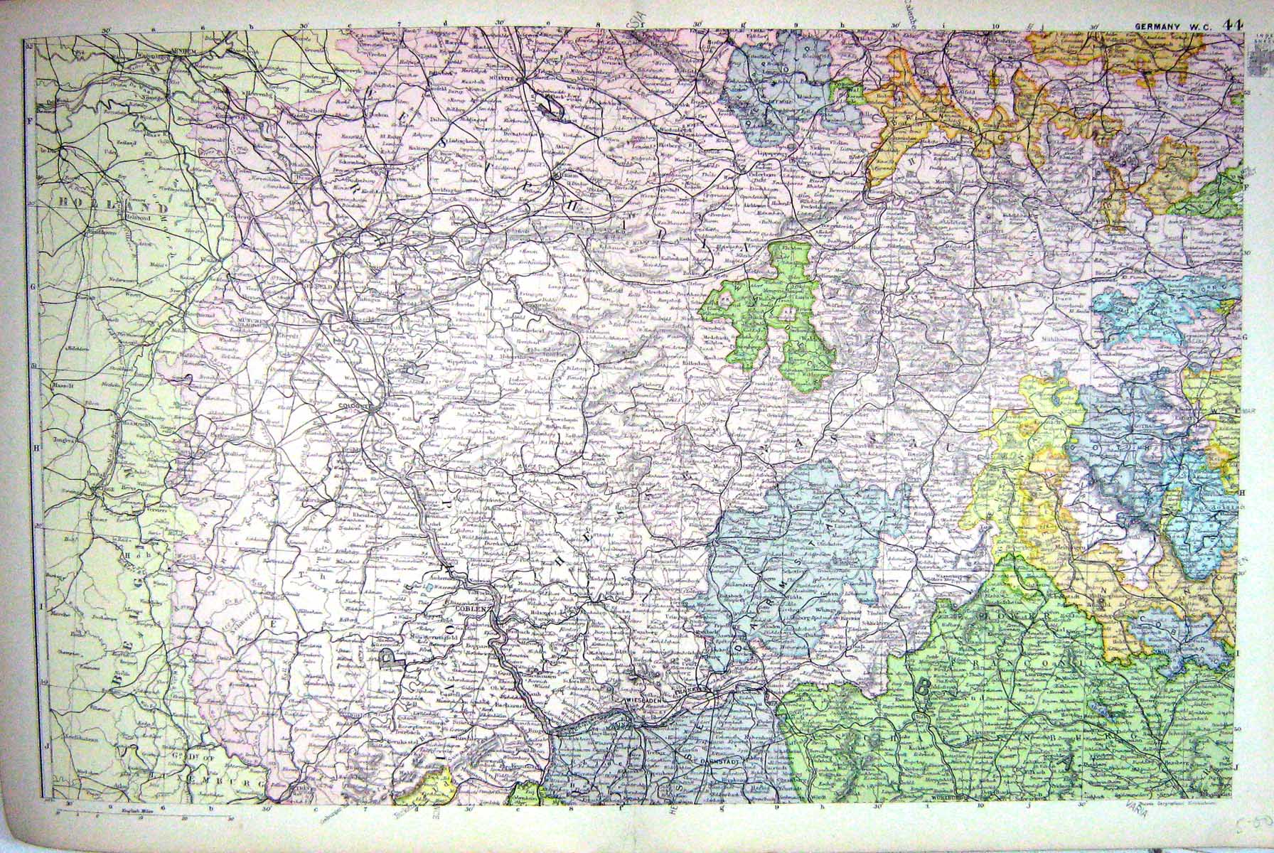 Old Map Bacon 1911 Germany Coblenz Frankfurt Cologne Wiesbaden Gotha 0 20th