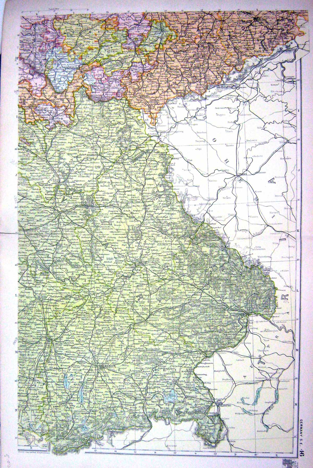 Old Map Bacon 1911 South East Germany Munich Salzburg Nuremberg Cobur 0 20th