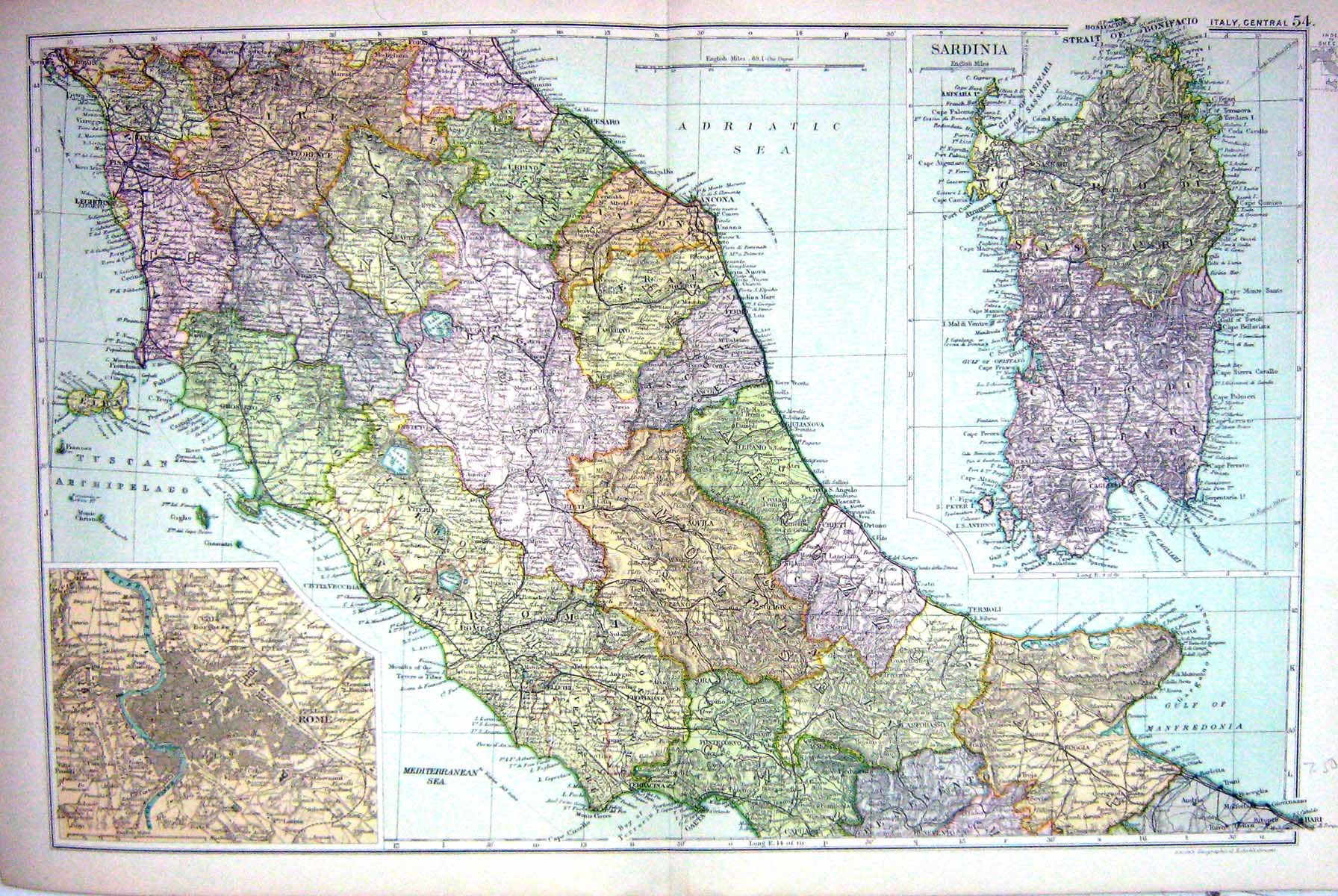 Old Print Map Bacon 1911 Italy Plan Rome Sardinia Elba Mediterranean Sea 0 20th