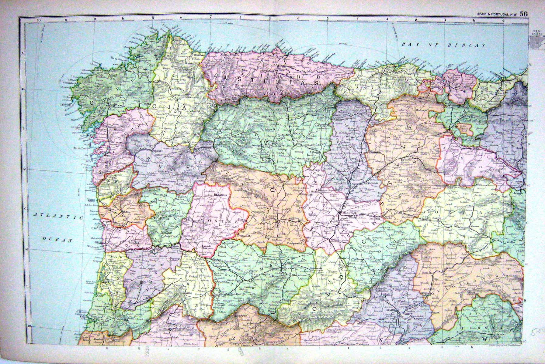 Old Map Bacon 1911 Spain Portugal Oporto Valladolid Madrid Bay Biscay 0 20th