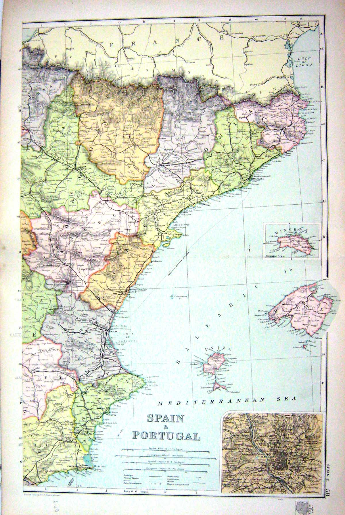 Old Map Bacon 1911 Spain Portugal Ibiza Majorca Minorca Madrid Valenc 0 20th
