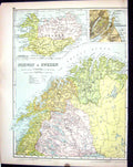 Antique Old Print Map Bacon 1911 Norway Sweden Copenhagen Iceland Norbotten