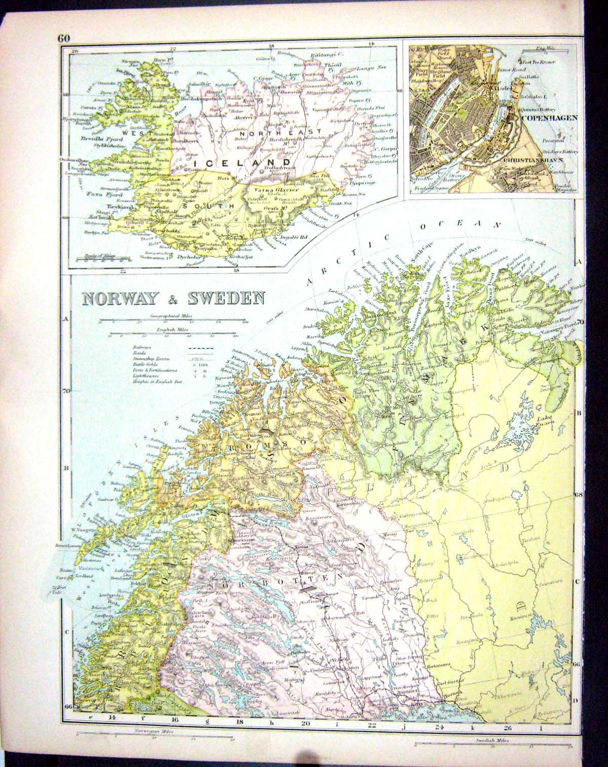 Antique Old Print Map Bacon 1911 Norway Sweden Copenhagen Iceland Norbotten
