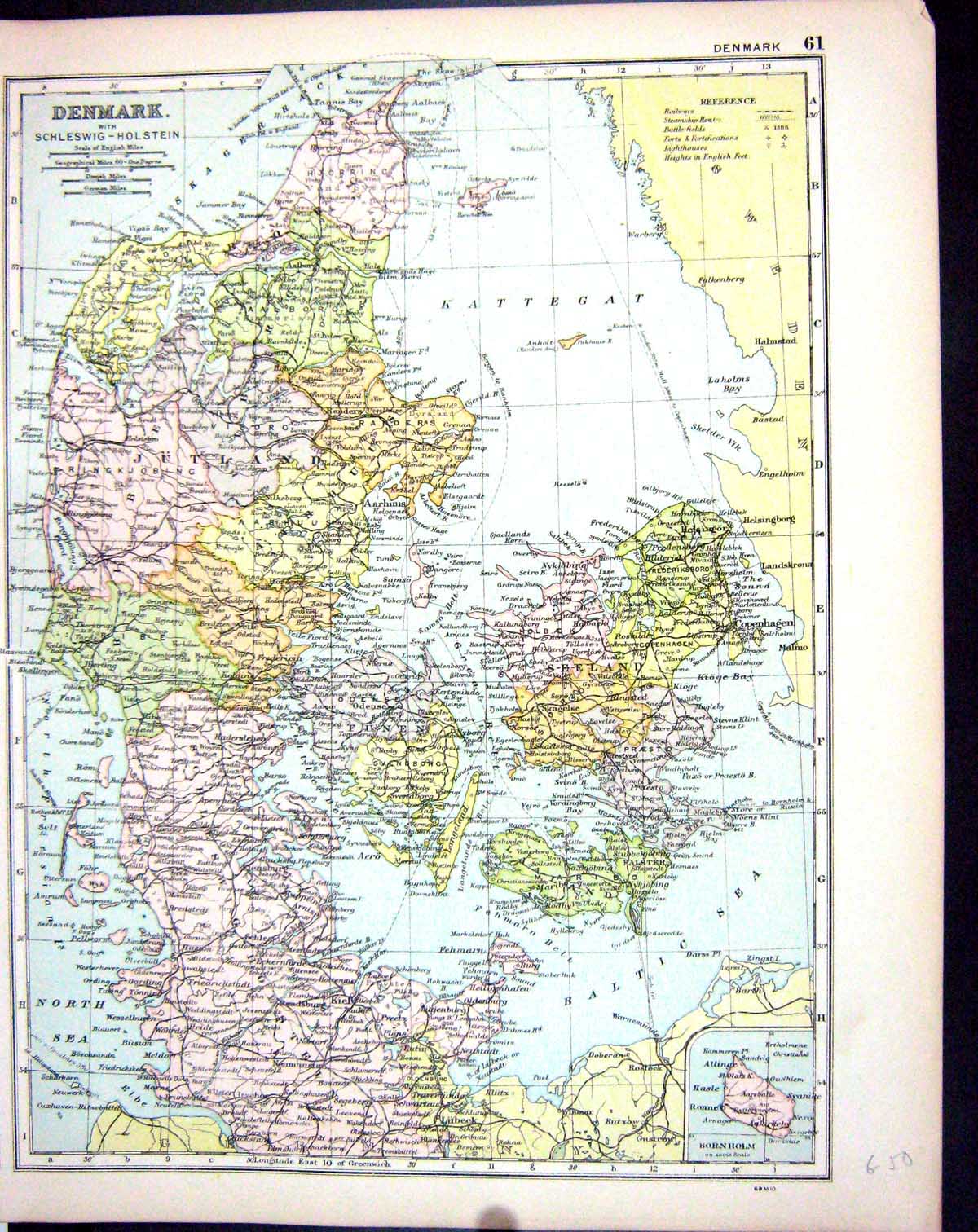 Antique Print Map Bacon 1911 Denmark Baltic Sea Jutland Scholswig Holstein 20th