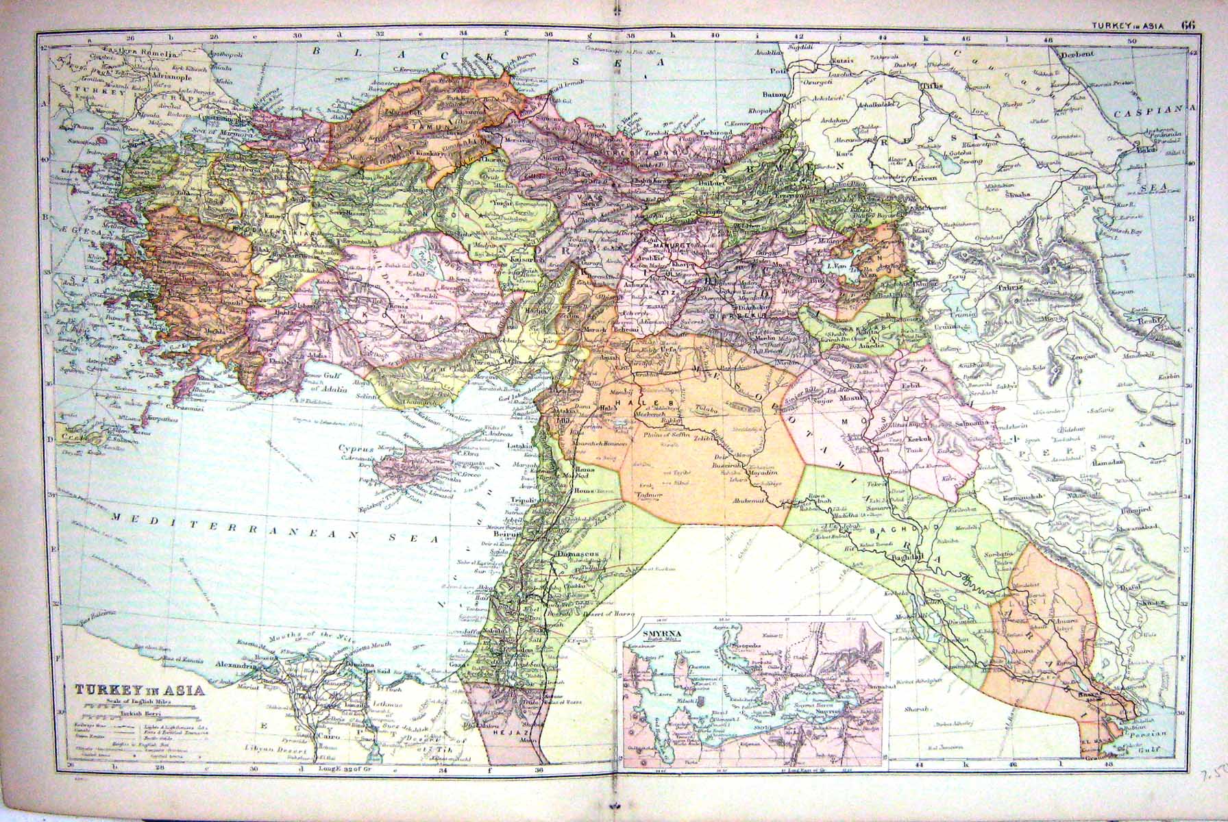 Old Print Map Bacon 1911 Turkey Smyrna Cyprus Mediterranean Sea Baghdad 0 20th