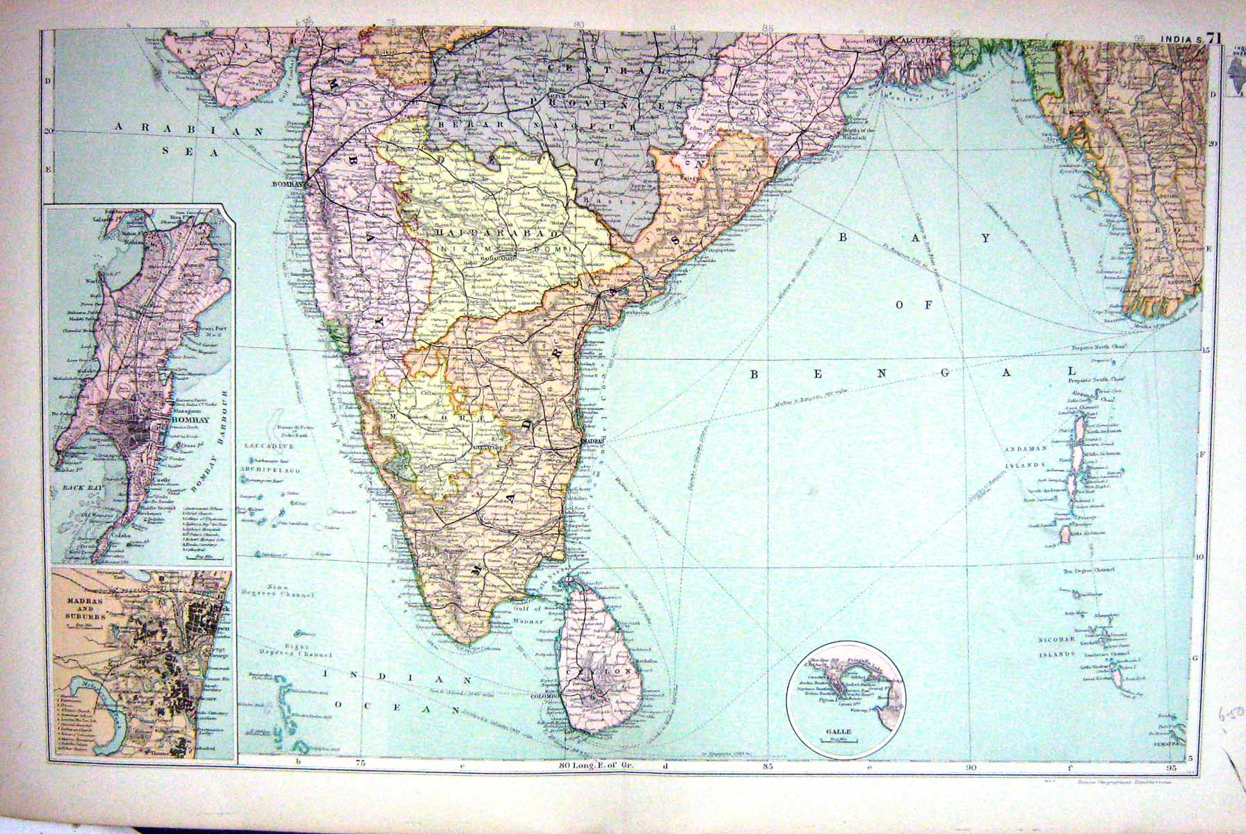 Old Print Map Bacon 1911 India Ceylon Plan Bombay Madras Andaman Nicobar 0 20th