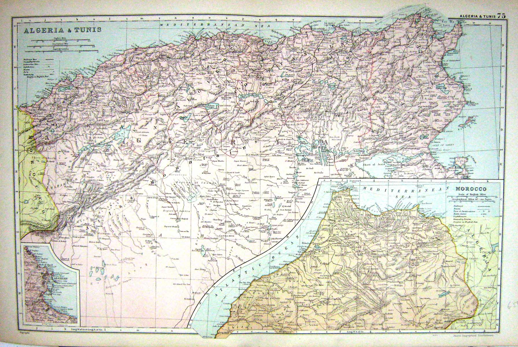 Old Map Bacon 1911 Algeria Tunis Morocco Algiers Africa Mediterranean 0 20th