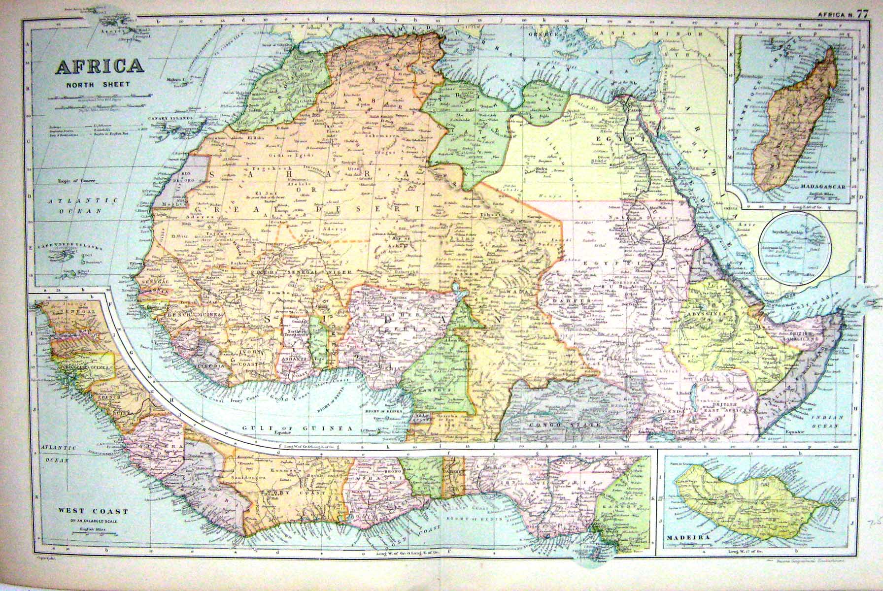 Old Map Bacon 1911 Africa Madeira Madagascar Cape Verde Islands Guine 0 20th