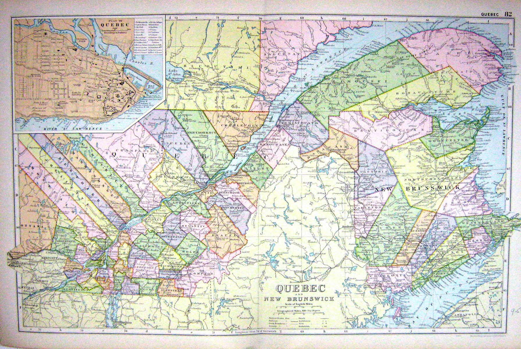 Old Map Bacon 1911 Quebec Canada River Lawrence New Brunswick Fundy 0 20th