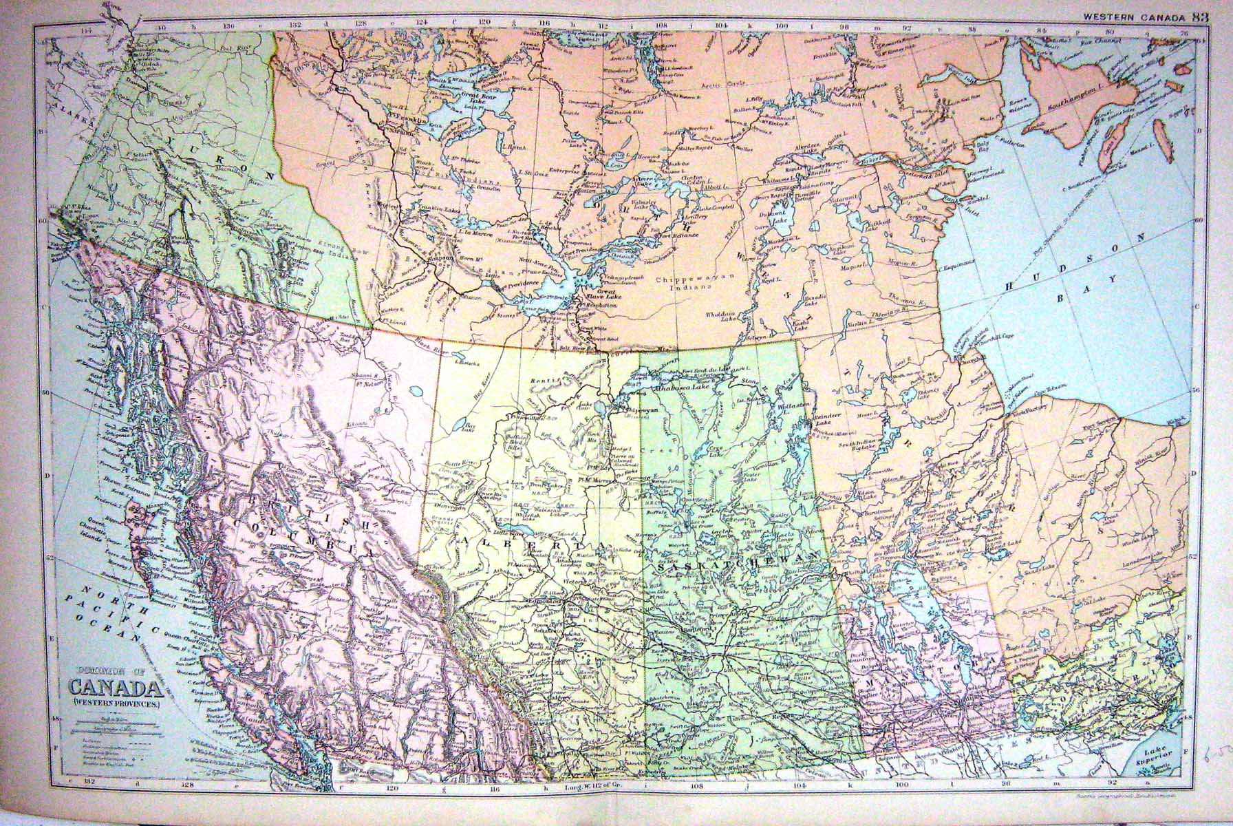 Old Map Bacon 1911 Western Canada Yukon Albert Saskatchewan Hudson Ba 0 20th