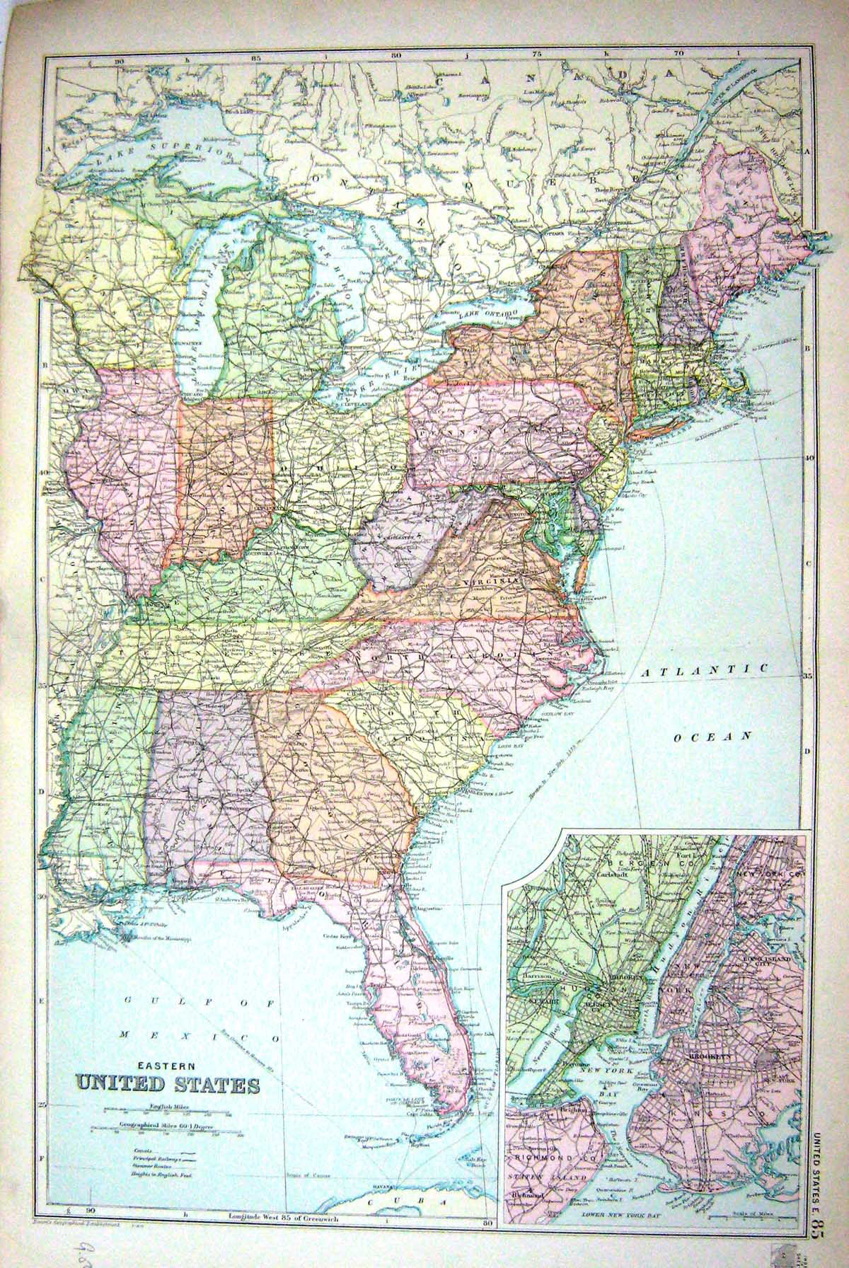 Old Map Bacon 1911 America Plan New York Florida Carolina Atlantic Oc 0 20th