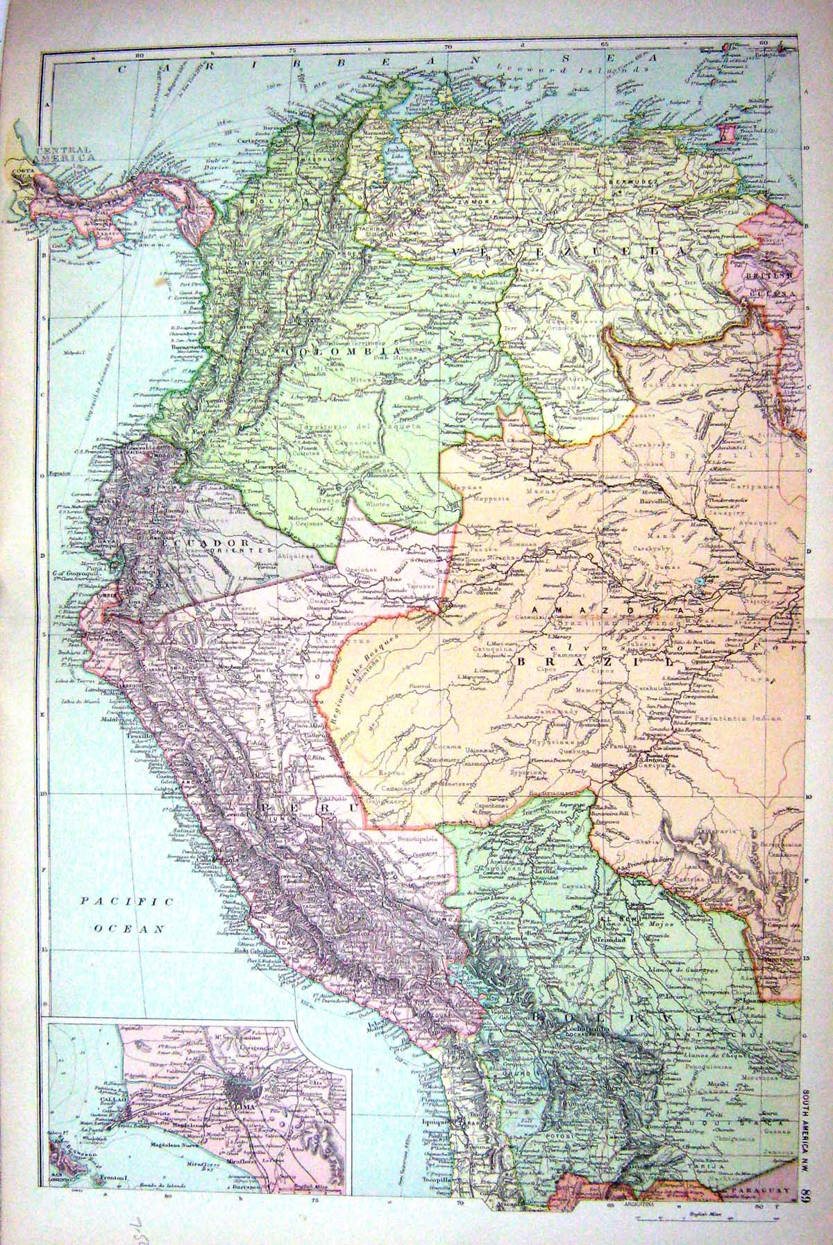 Old Print Map Bacon 1911 South America Lima Costa Rica Colombia Ecuador 0 20th