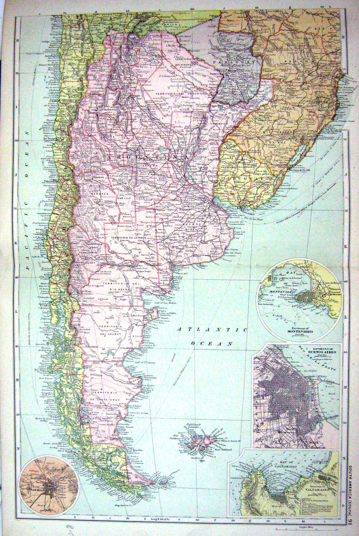 Old Map Bacon 1911 South America Buenos Aires Montevideo Falkland Isl 0 20th