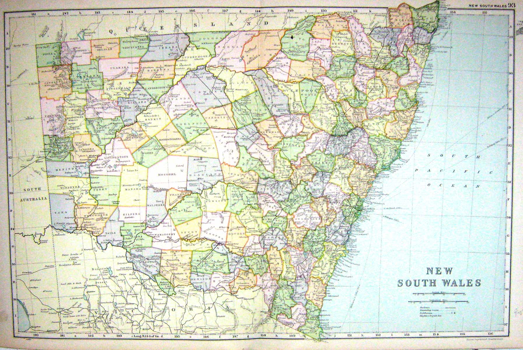 Old Antique Print Map Bacon 1911 New South Wales Australia Pacific Ocean 0 20th
