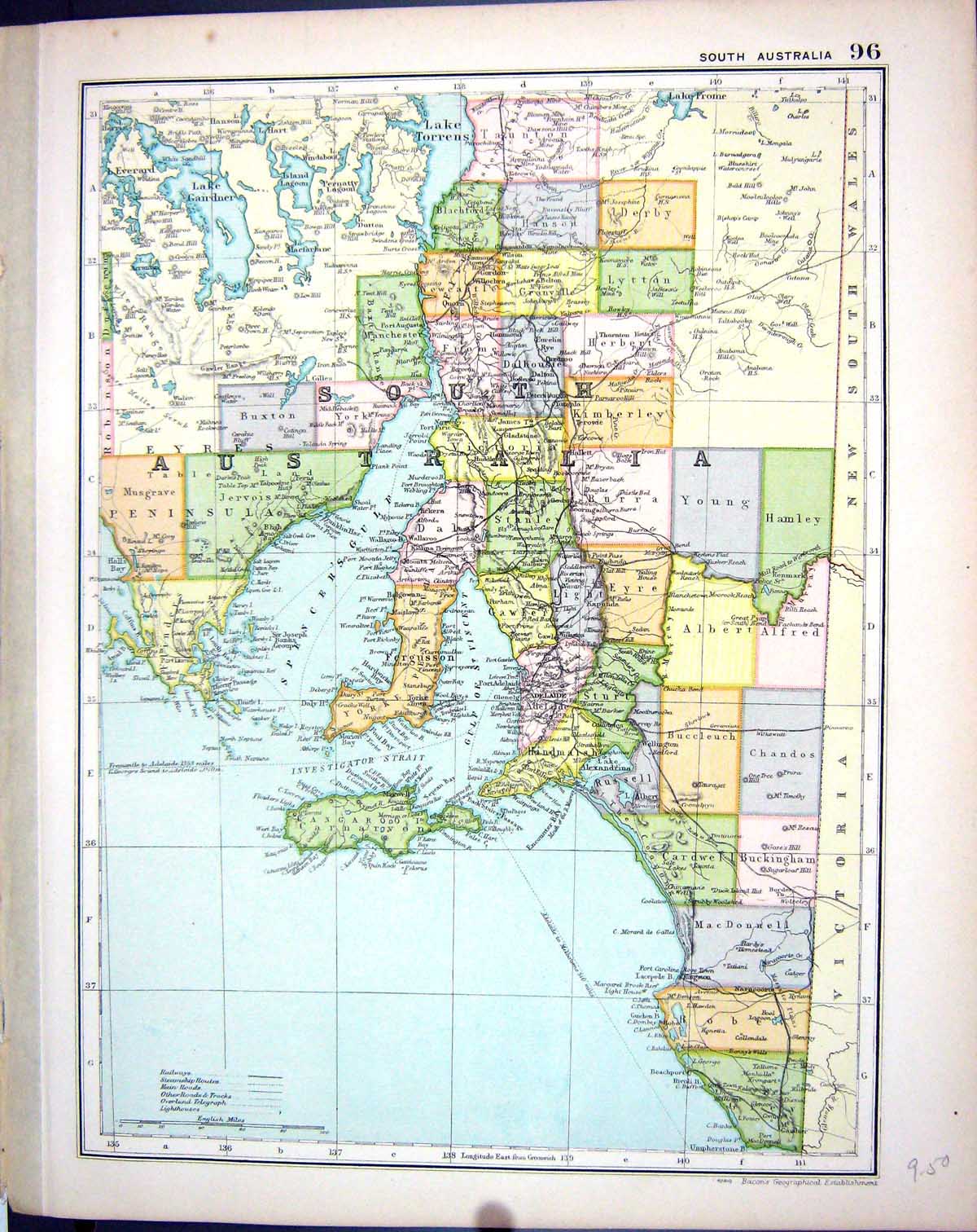 Old Print Map Bacon 1911 South Australia Kangaroo Lake Torrens Fergusson 20th