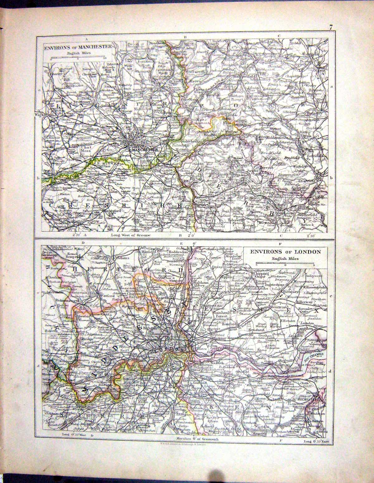 Old 1897 Johnston Map Environs London Manchester Channel Scilly Isles Victorian