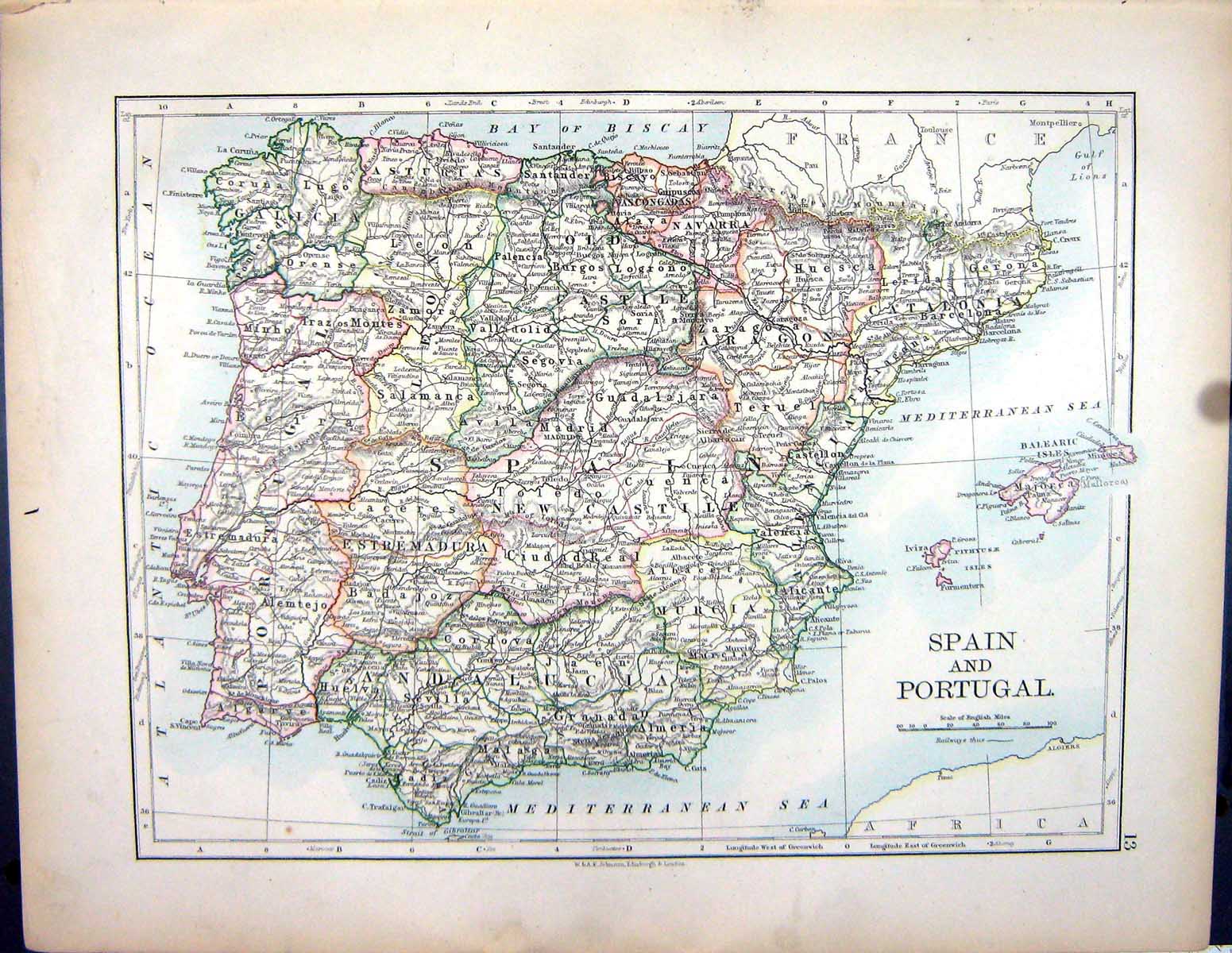 Old Print 1897 Johnston Map Spain Portugal Ibiza Gibraltar Majorca Canary 19th