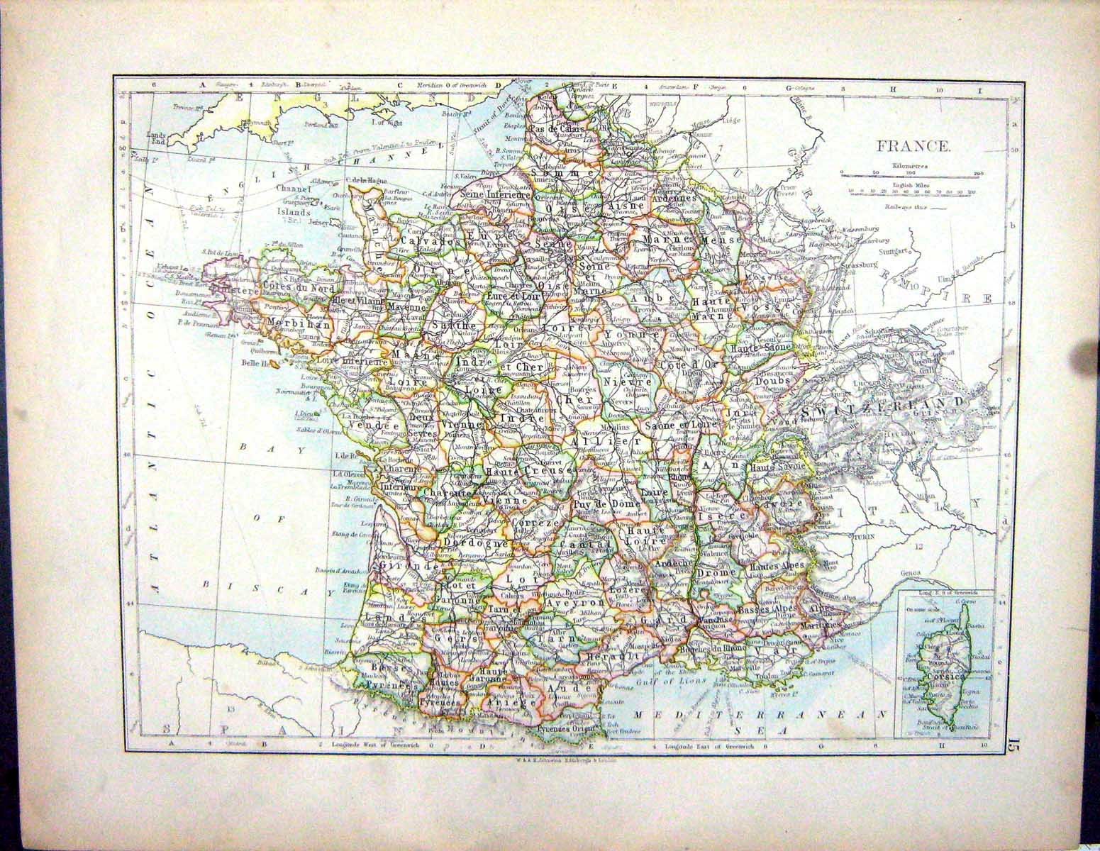 Old 1897 Johnston Map France Corsica Bay Biscay Environs Paris Rivier Victorian