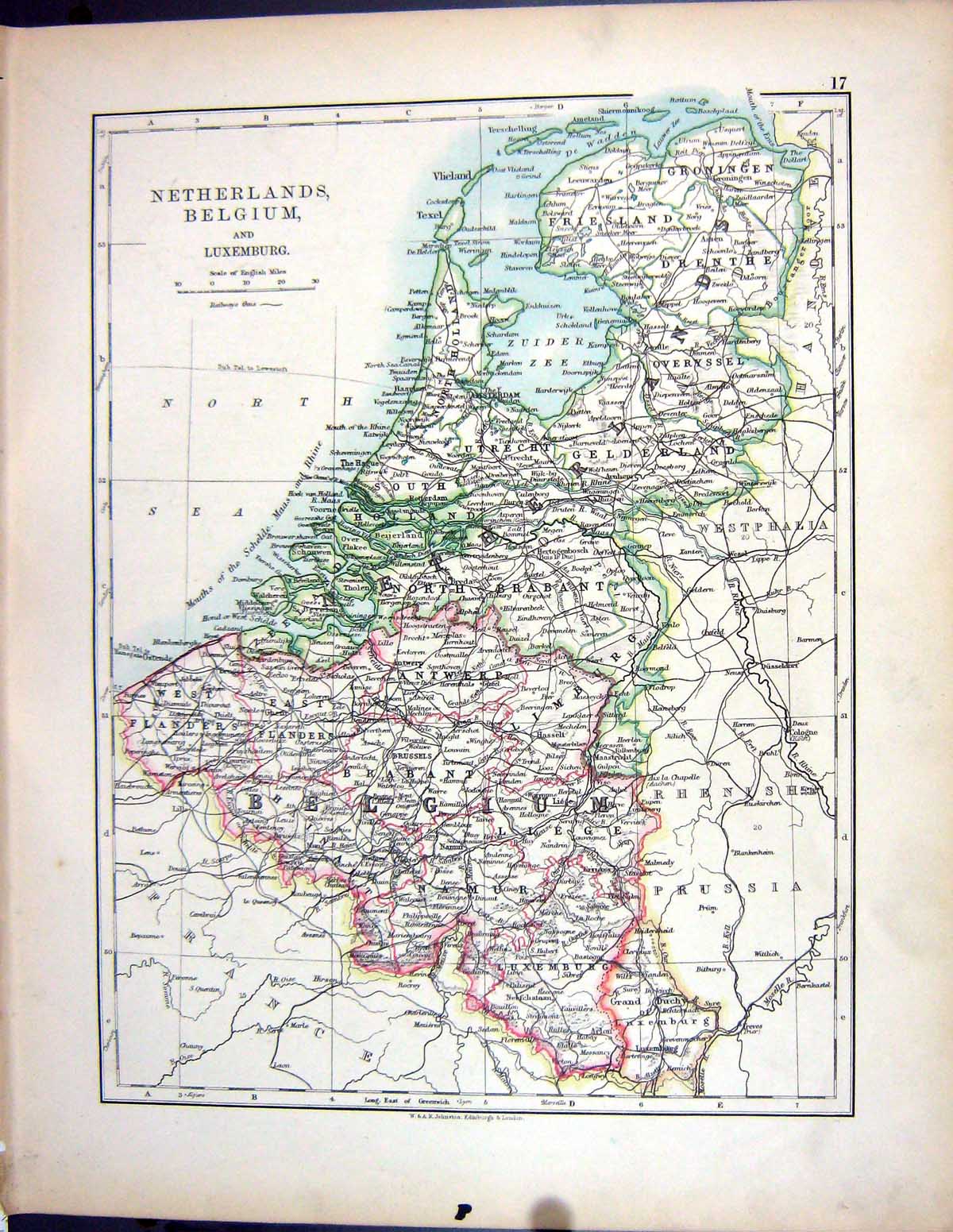 Old 1897 Johnston Map Netherlands Belgium Luxemburg Amsterdam Geneva Victorian