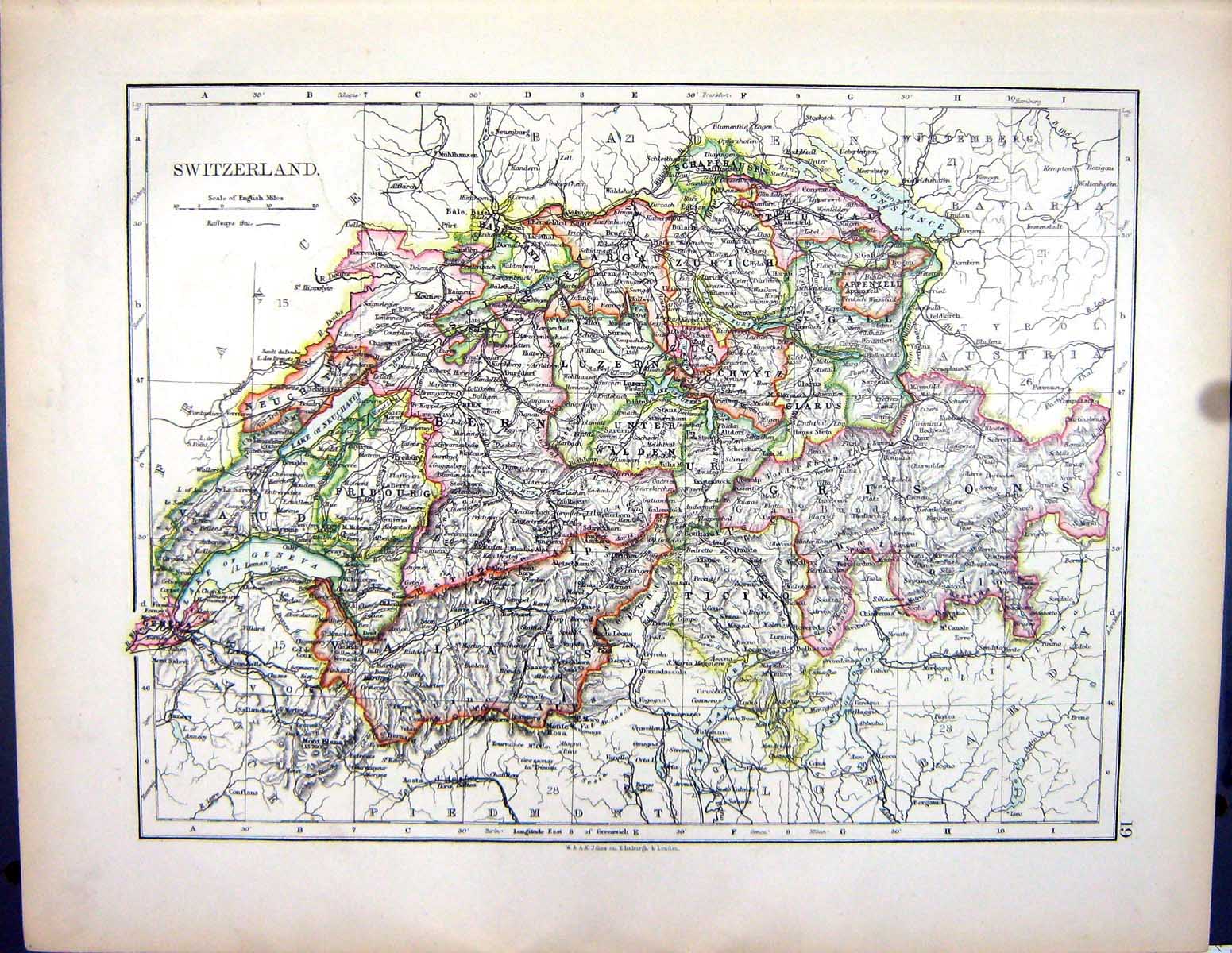 Old Print 1897 Johnston Map Switzerland Germany Europe Wurtemberg Bavaria 19th