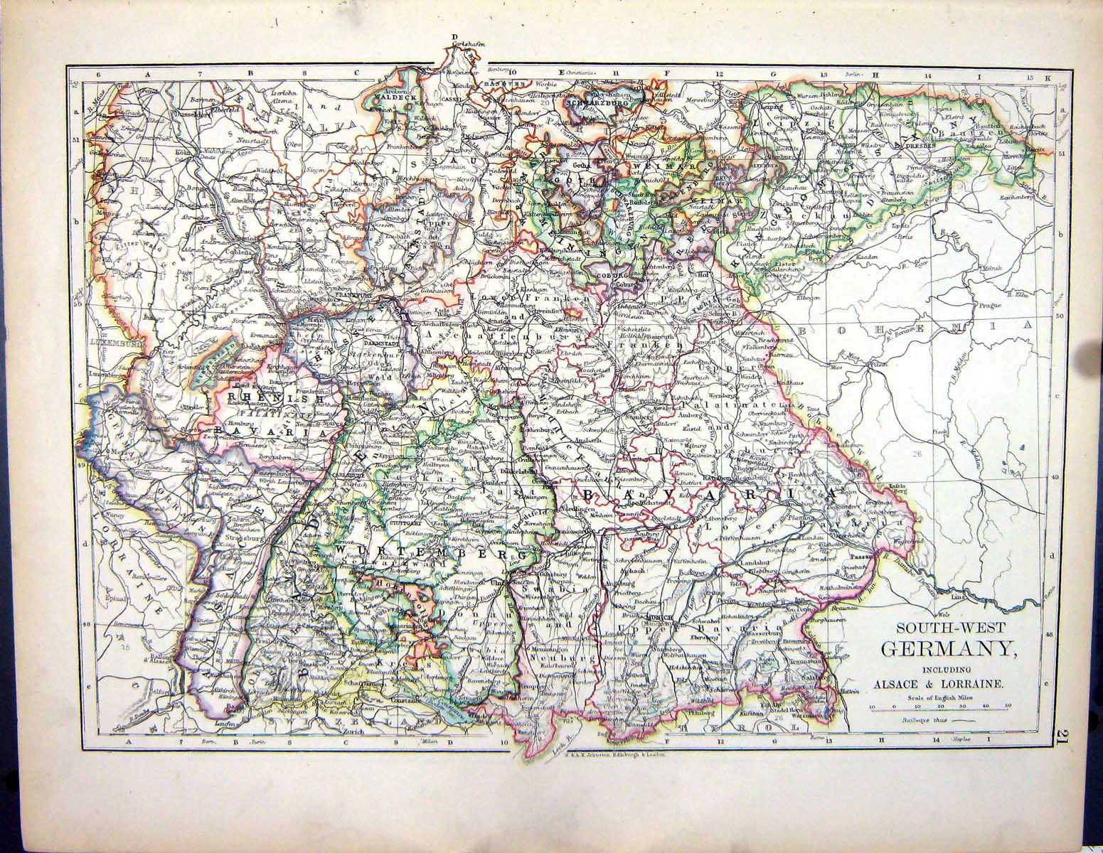 Old 1897 Johnston Map Germany Alsace Lorraine Bavaria Potsdam Berlin Victorian