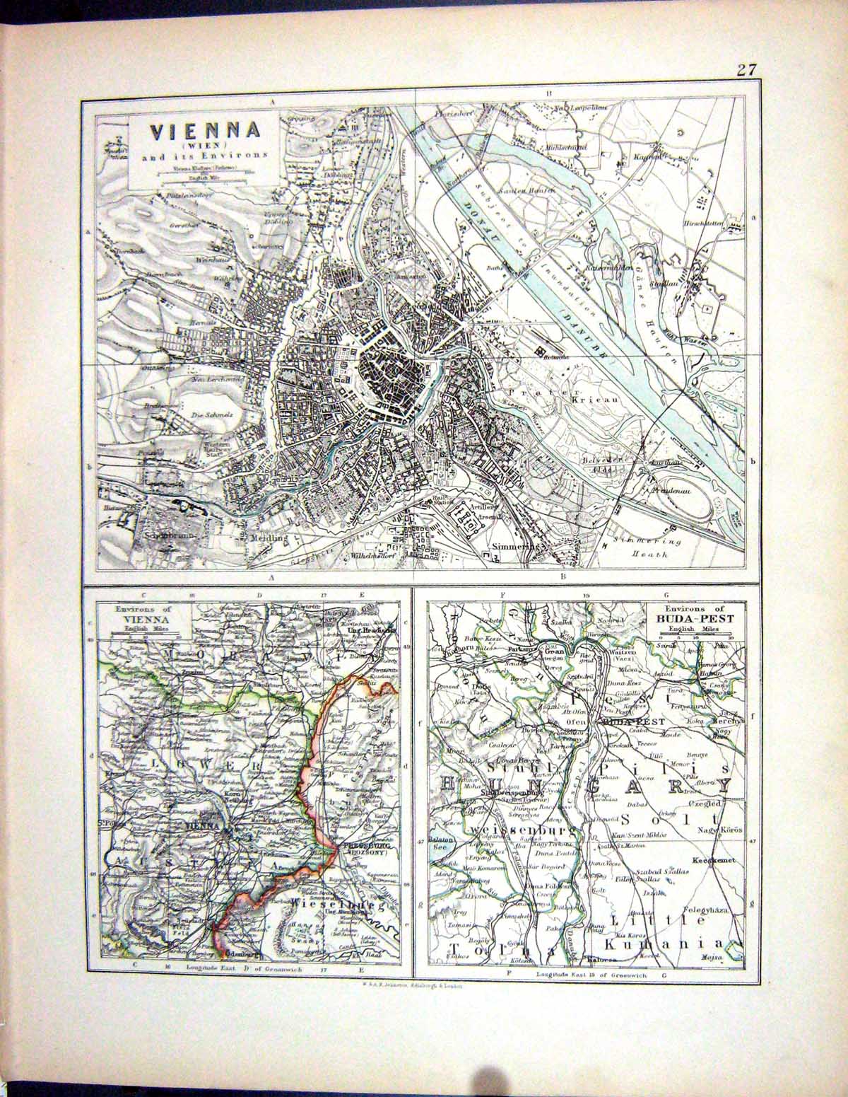 Old 1897 Johnston Map Plan Vienna Buda-Pest Danube Italy Sardinia Sic Victorian