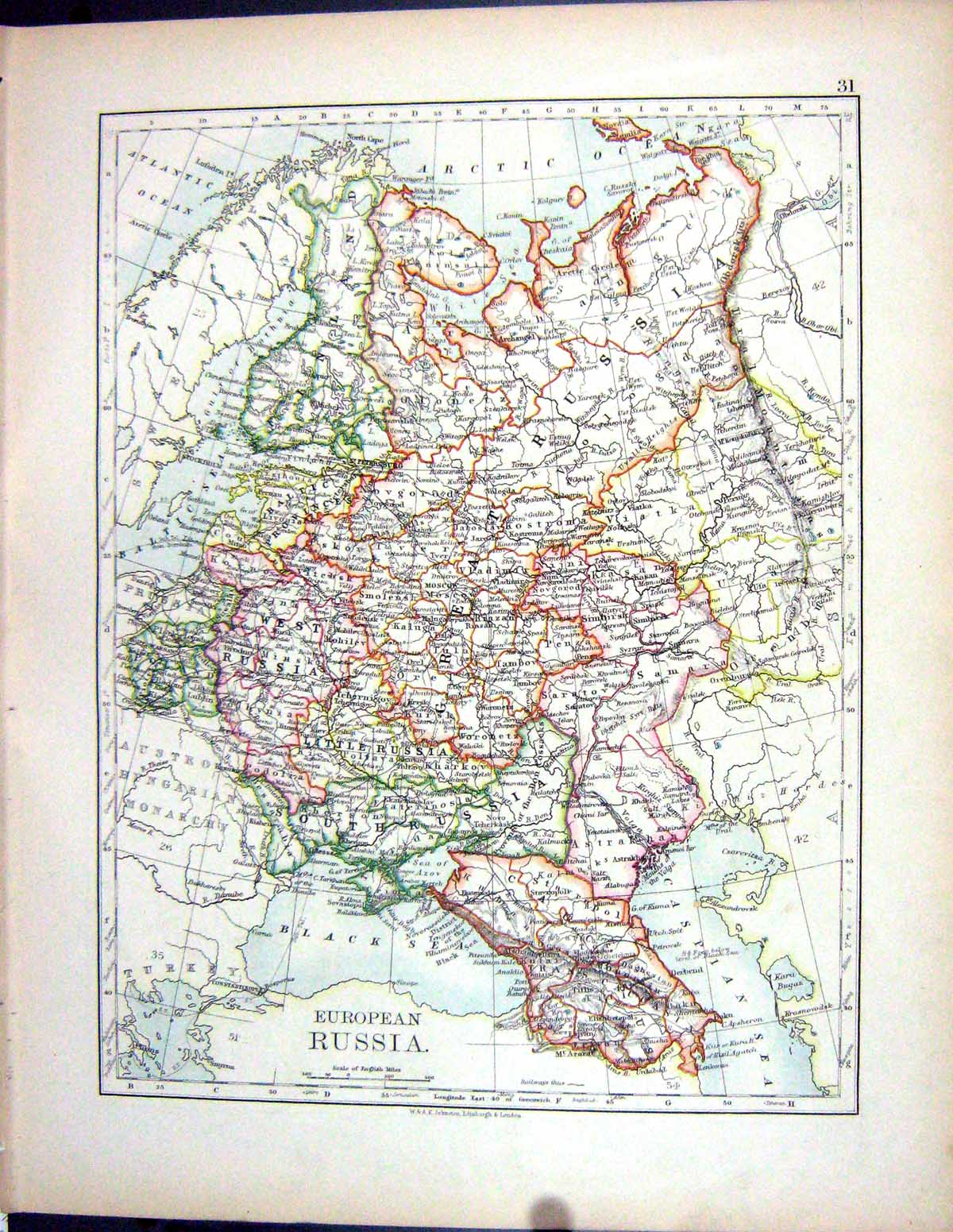 Old 1897 Johnston Map European Russia Baltic Sea Denmark Gulf Finland Victorian