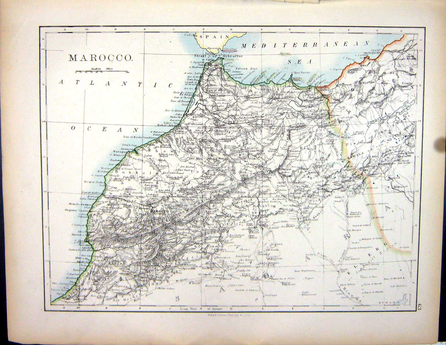 Old 1897 Johnston Map Marocco Africa Gibraltar Egypt Sinai Gulf Suez Victorian