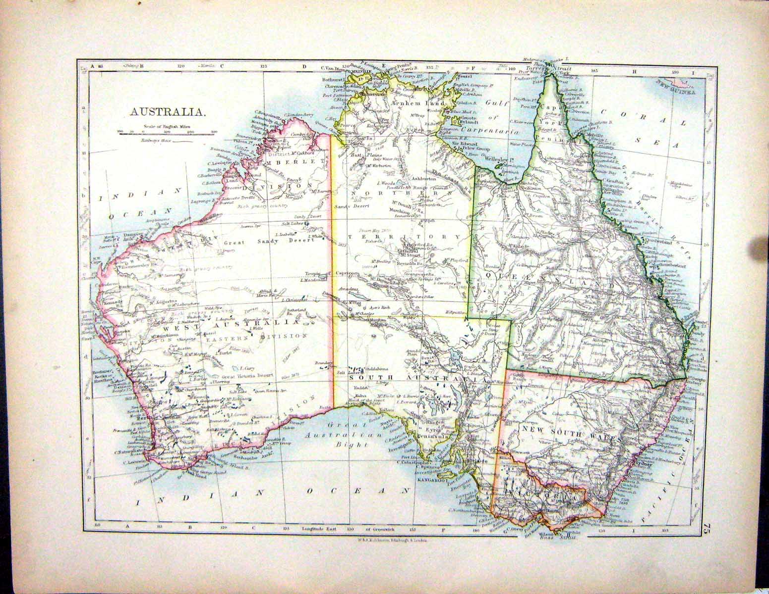 Old 1897 Johnston Map Australia New South Wales Victoria Bass Strait Victorian