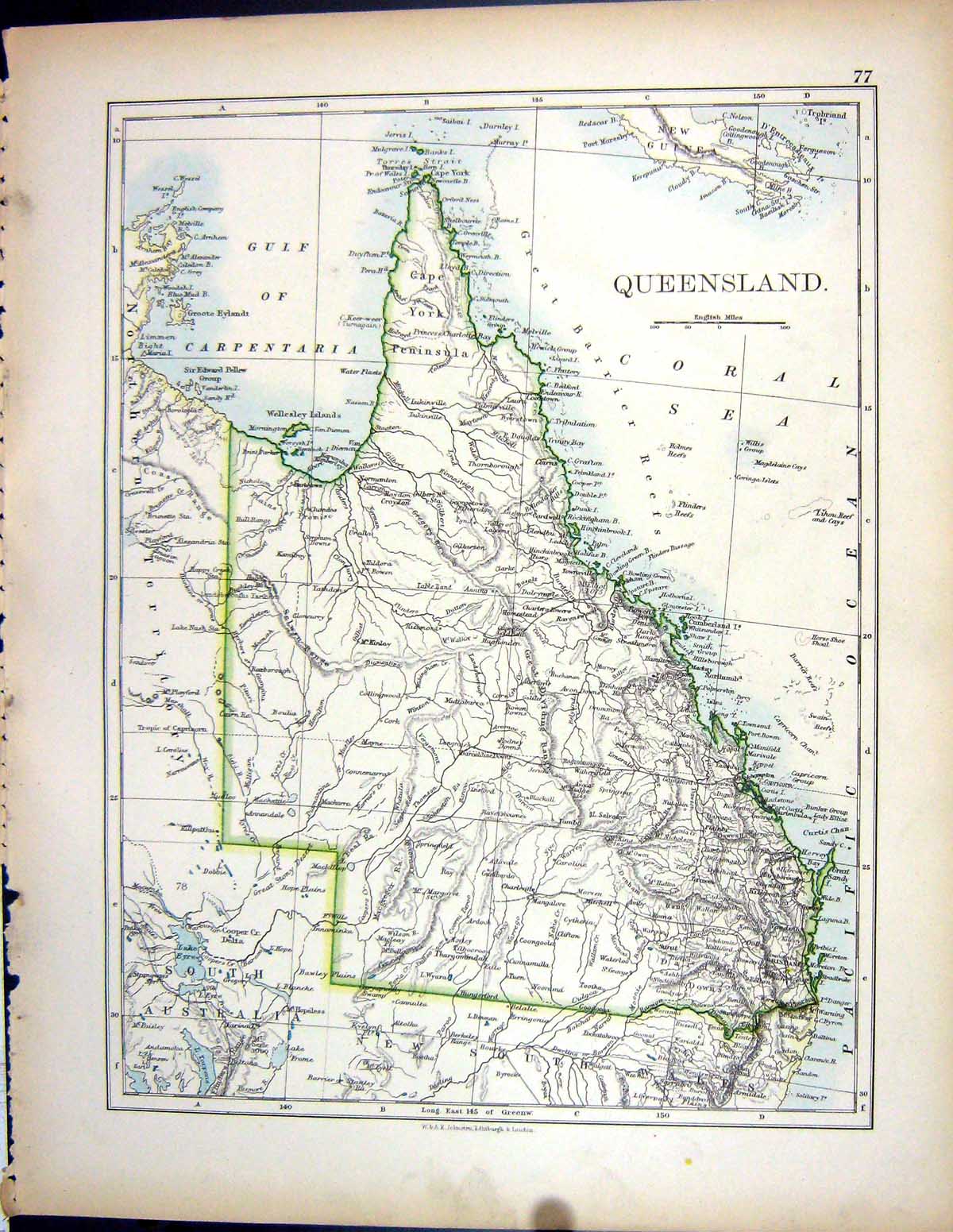 Antique Old Print 1897 Johnston Map Queensland Australia Adelaide Kangaroo 19th