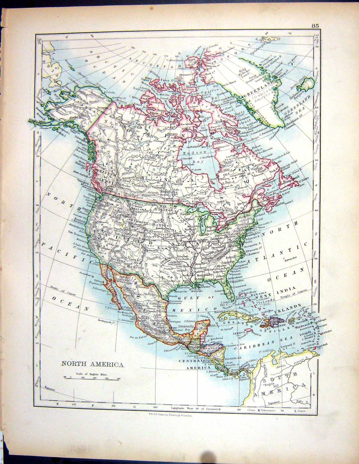 Old 1897 Johnston Map North America Jamaica Mexico Mountains Valleys Victorian