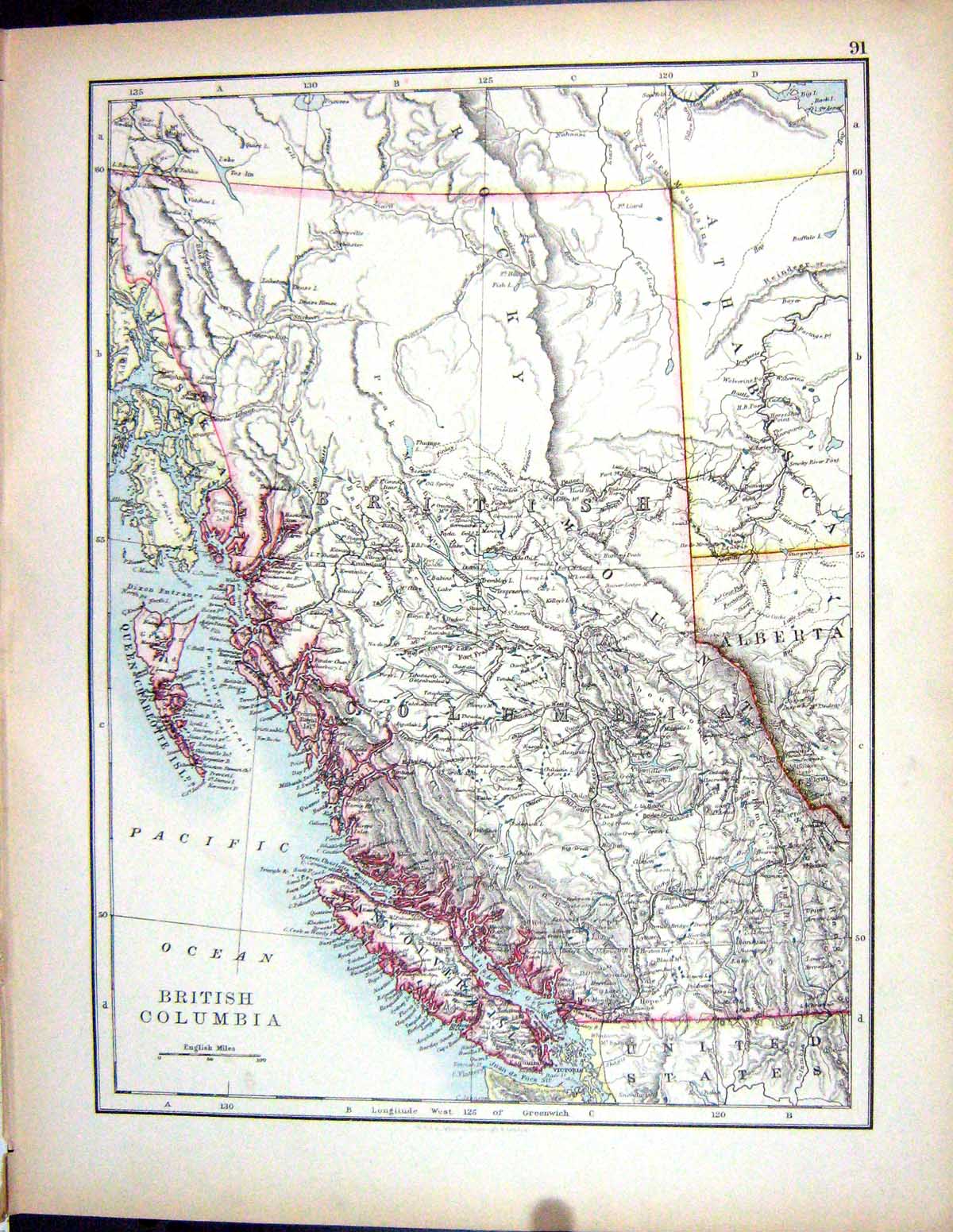 Old Print 1897 Johnston Map British Columbia Alberta America Long Island 19th