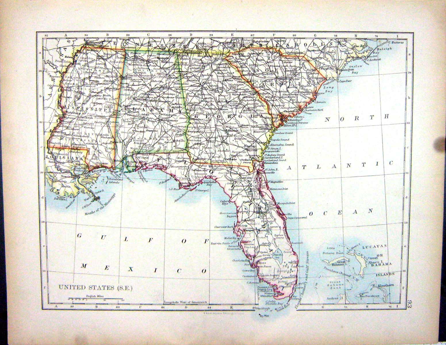 Old 1897 Johnston Map North American Florida Bahama Island Mississipp Victorian