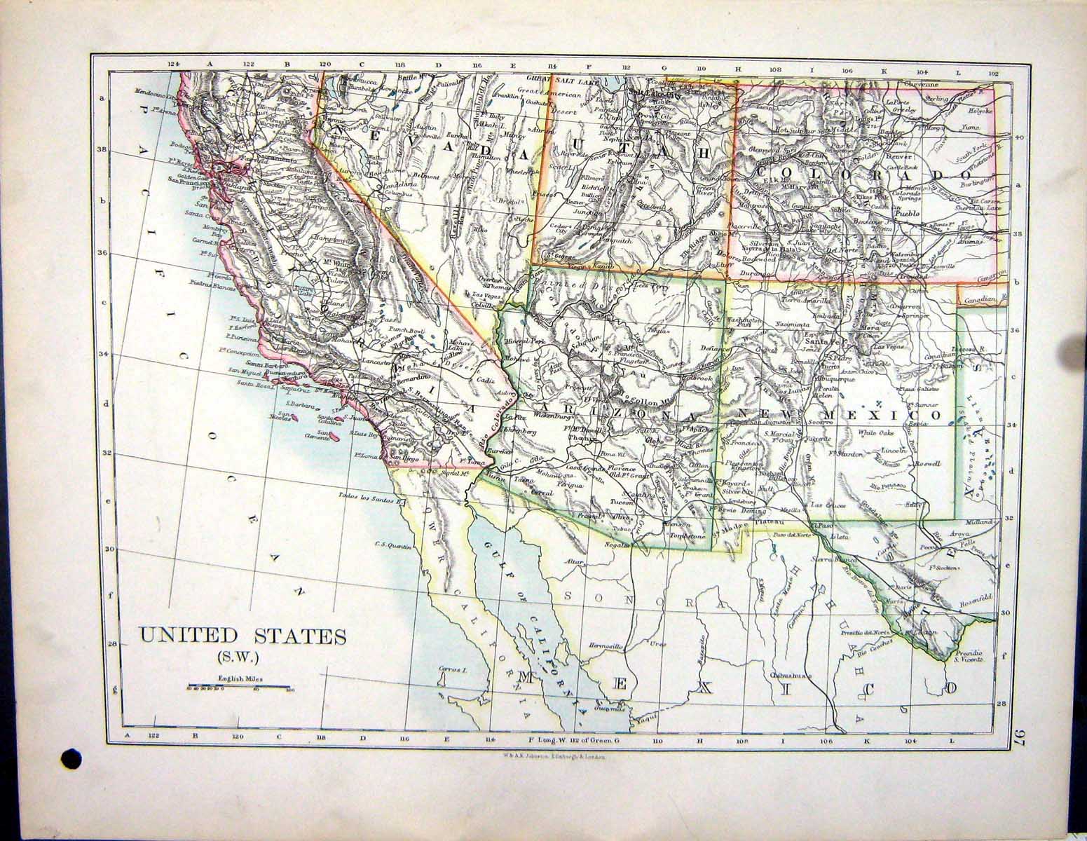 Old 1897 Johnston Map United States America Arizona Gulf Mexico Texas Victorian