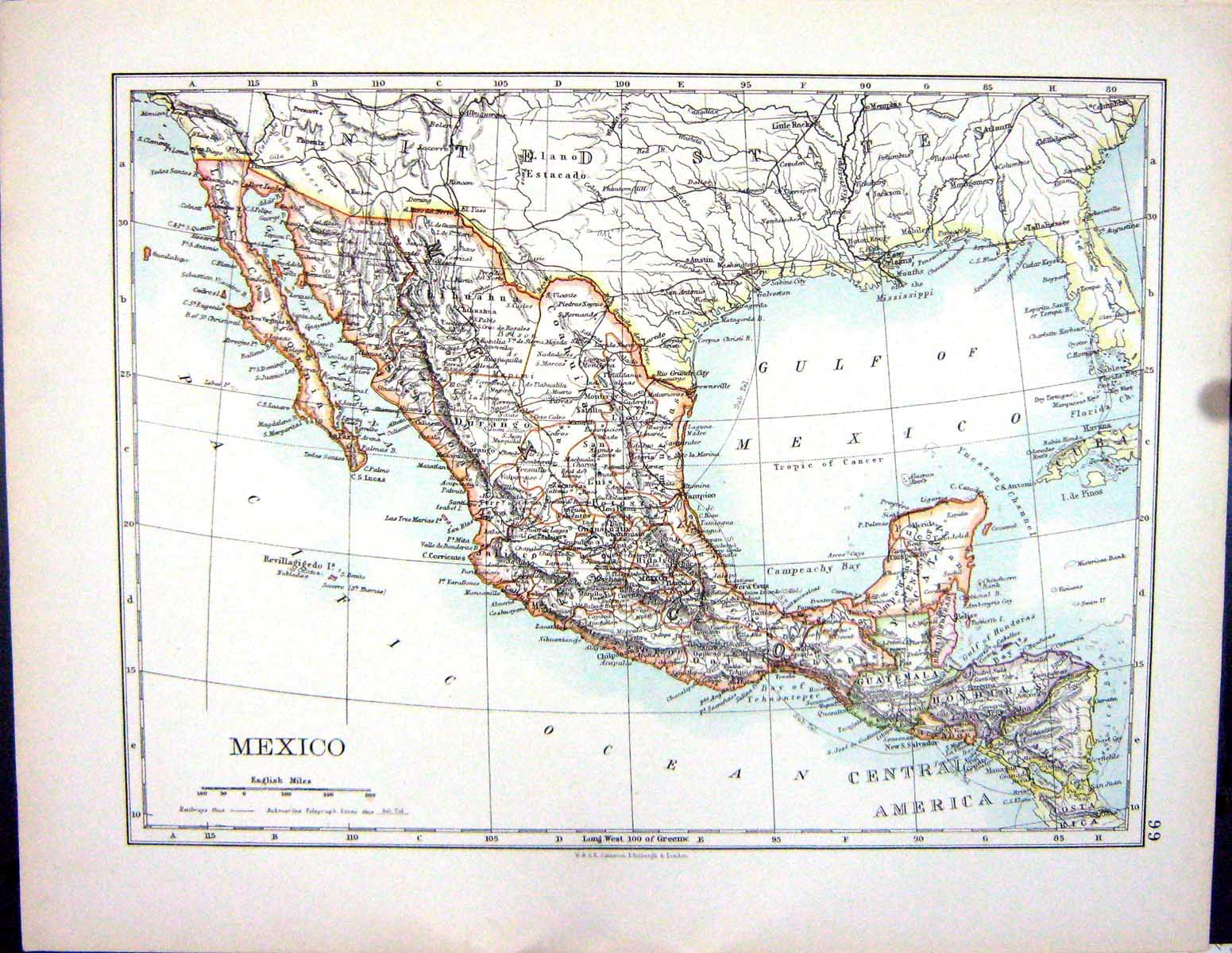 Old 1897 Johnston Map American Mexico Guatemala Cuba Haiti Bahama Flo Victorian