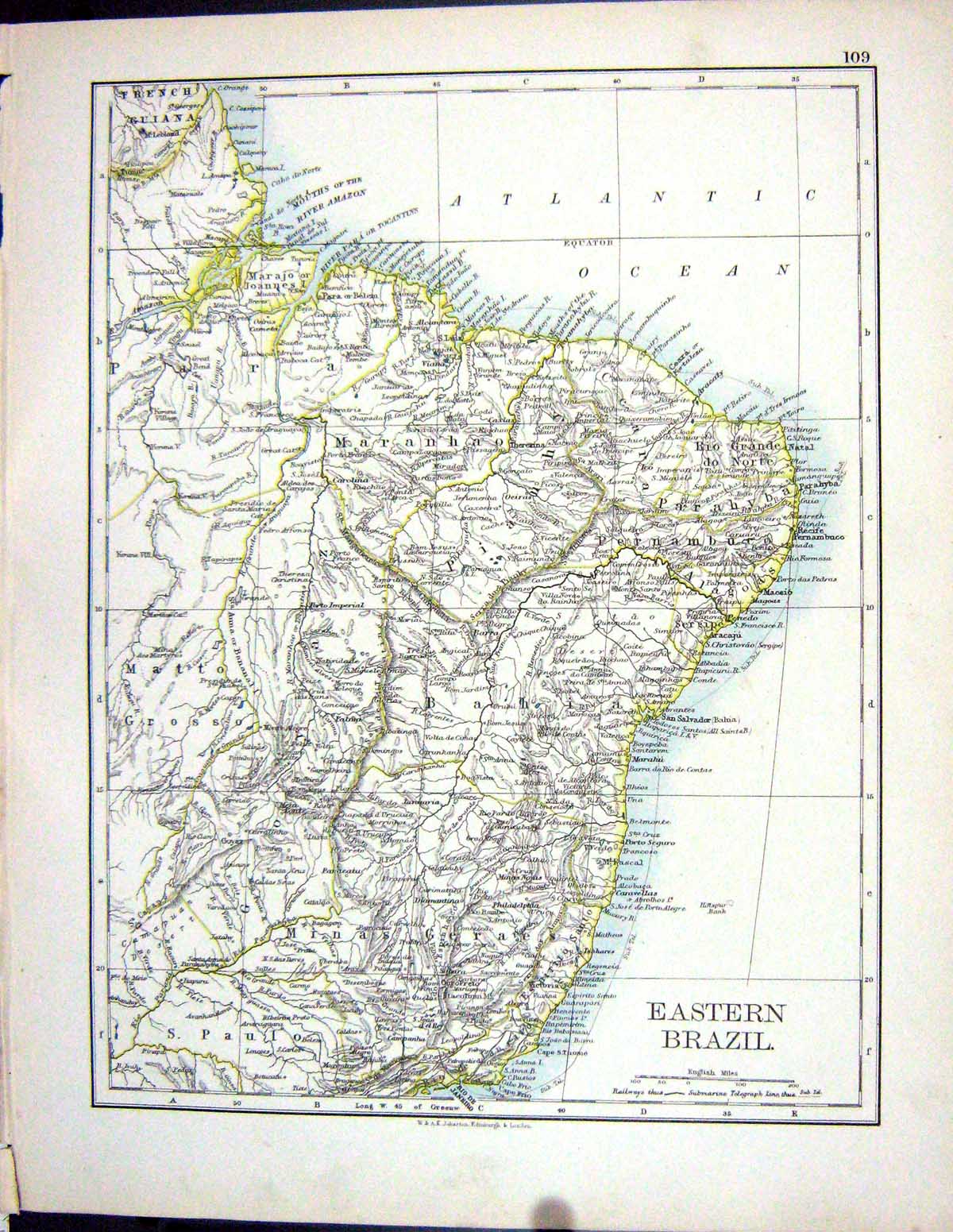 Antique Print 1897 Johnston Map Eastern Brazil Atlantic Chile South Aemrica